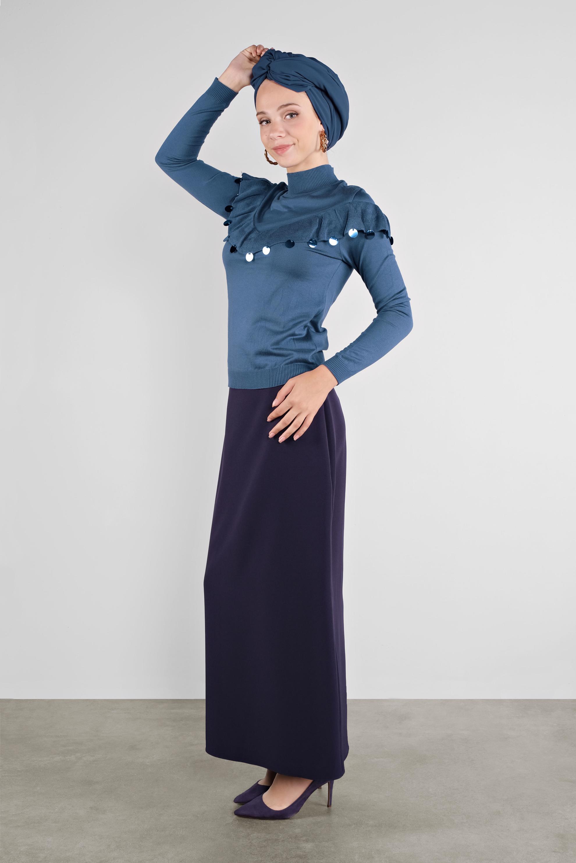 Hijab clothing NAVY BLUE SEQUINED RUFFLED KNIT SWEATER 41026 