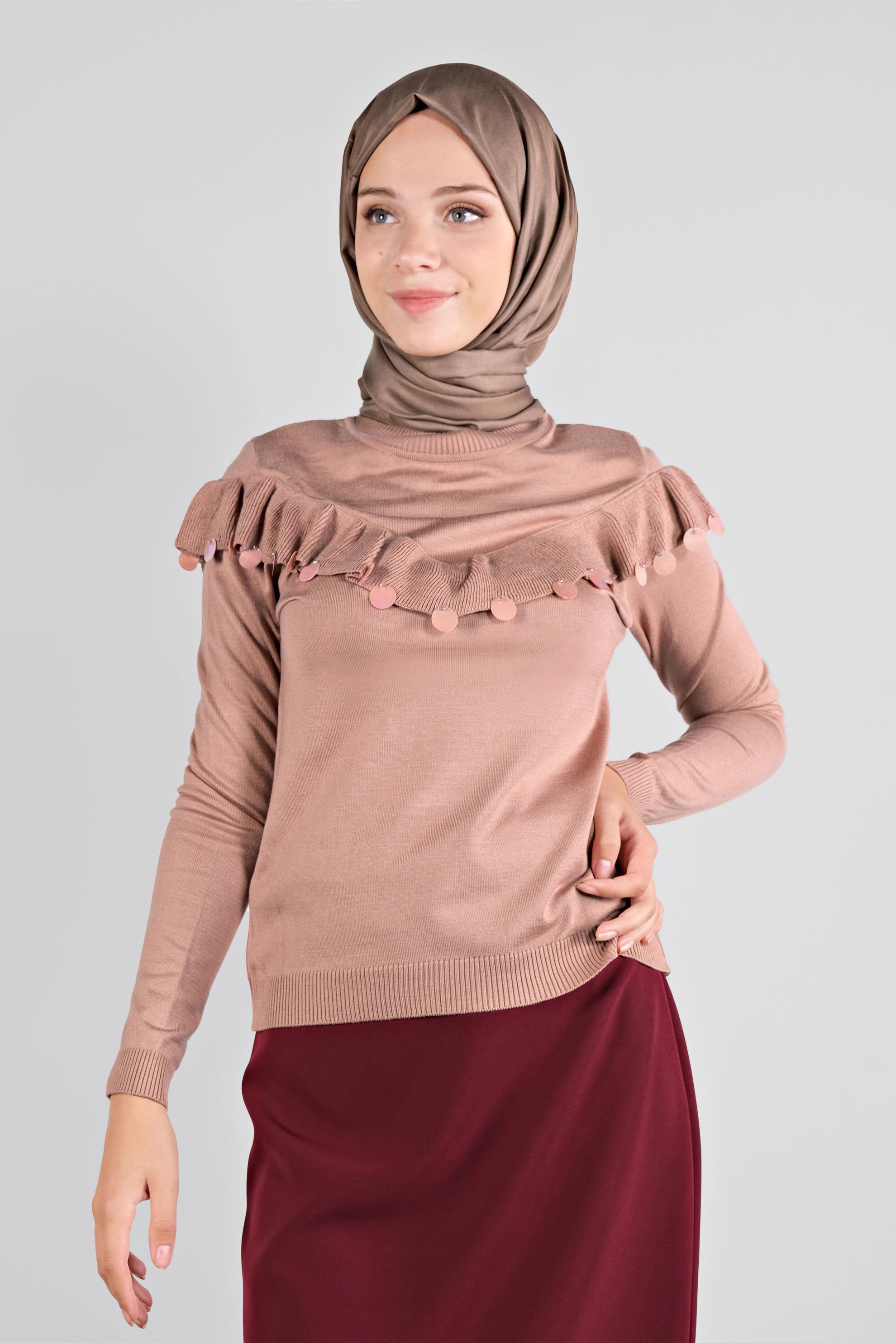 Hijab clothing POWDER SEQUINED RUFFLED KNIT SWEATER 41026 