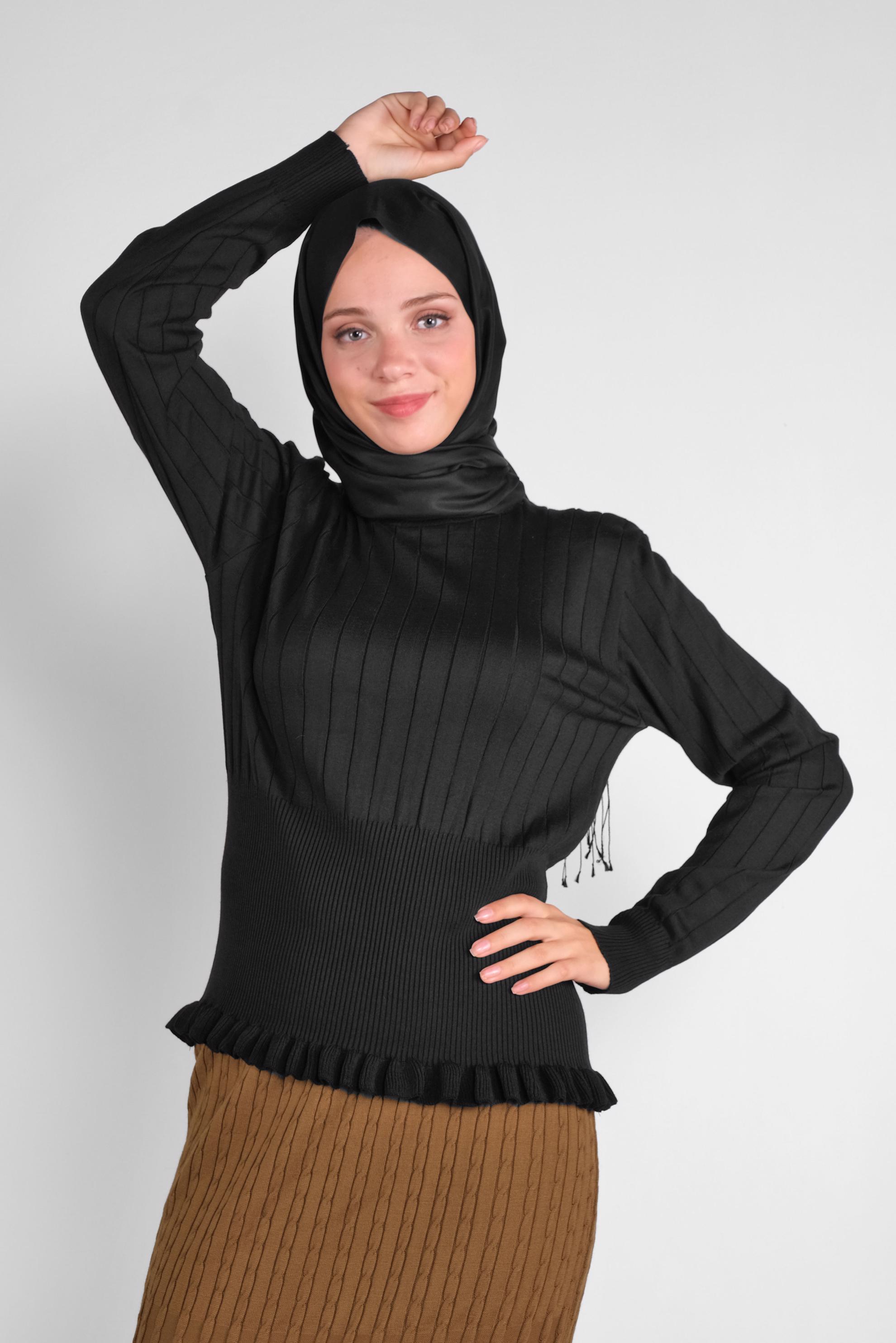 Tesettür giyim SİYAH FIRFIRLI TRİKO KAZAK 41027 