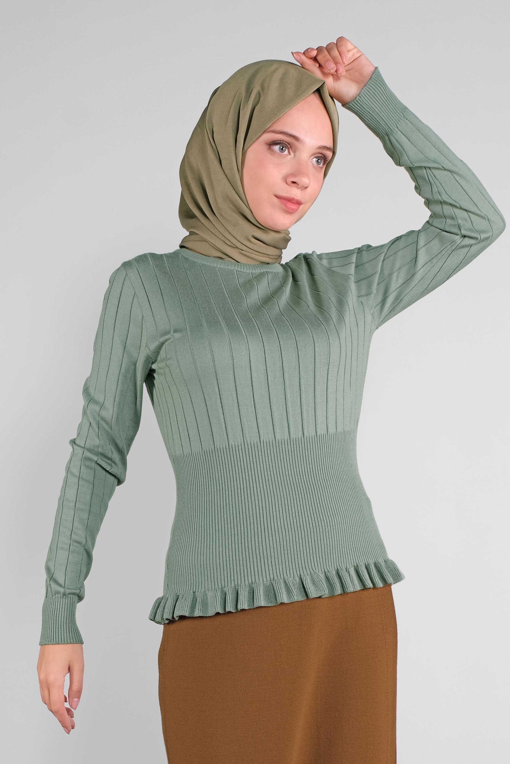 Tesettür giyim YEŞİL FIRFIRLI TRİKO KAZAK 41027 