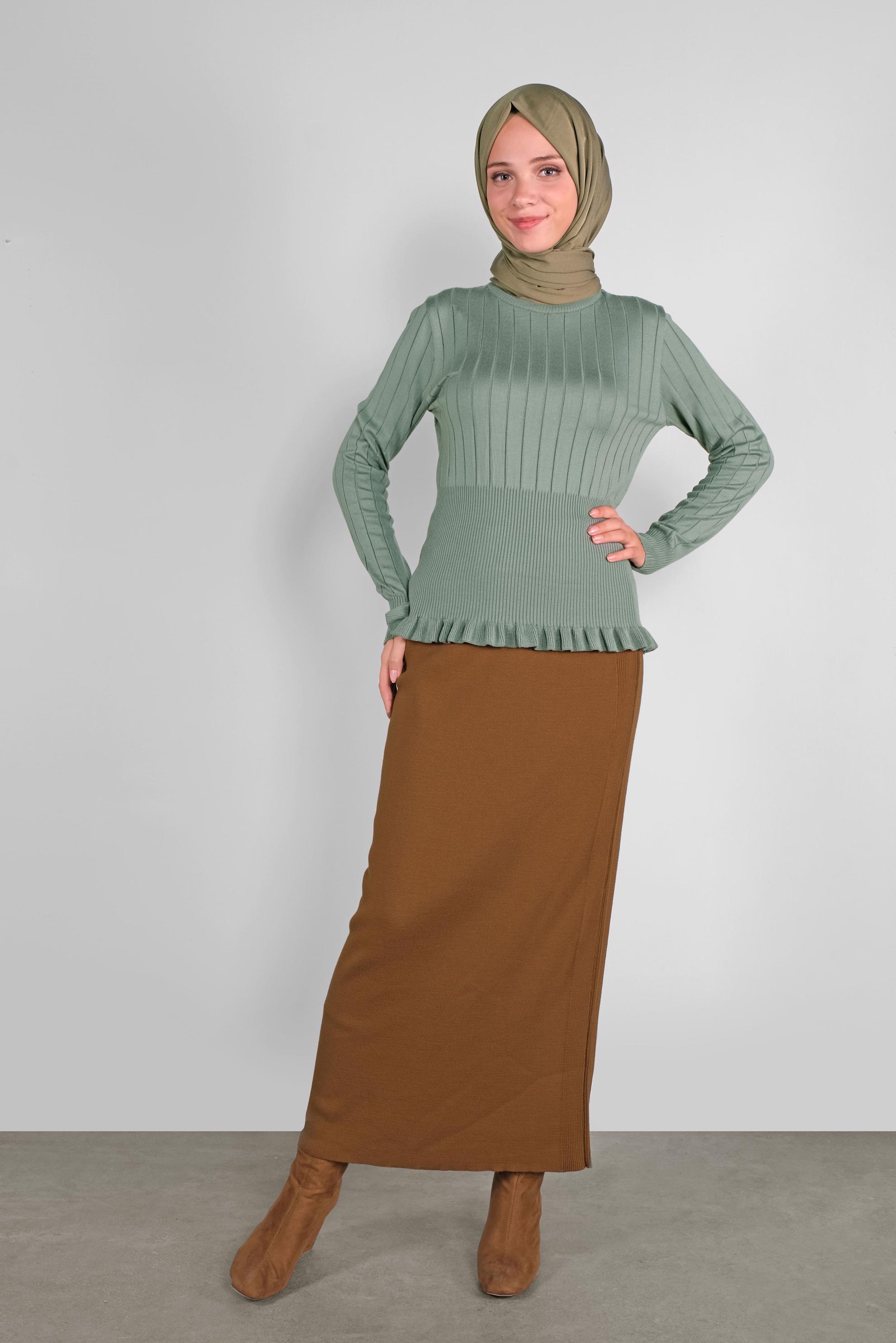 Tesettür giyim YEŞİL FIRFIRLI TRİKO KAZAK 41027 