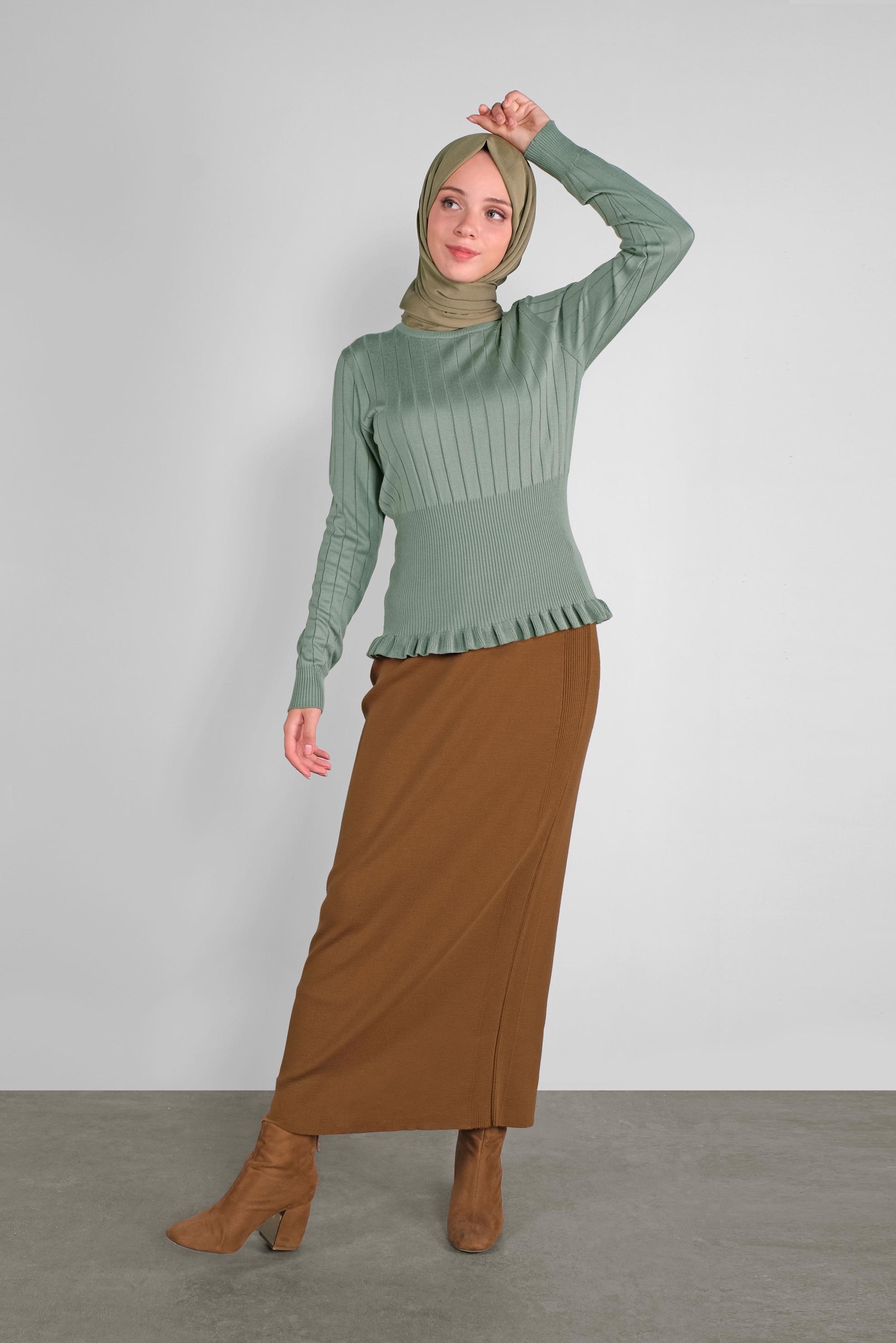 Tesettür giyim YEŞİL FIRFIRLI TRİKO KAZAK 41027 