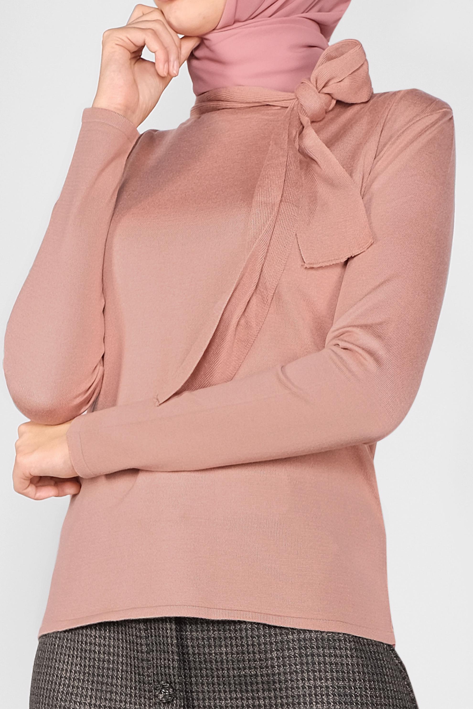 Tesettür giyim PUDRA YAKASI FİYONKLU TRİKO KAZAK 41028