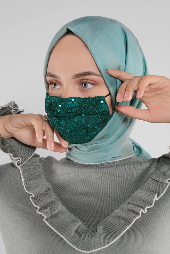 Hijab clothing GREEN LACY SEQUINED MASK 8003  - ALVİNA