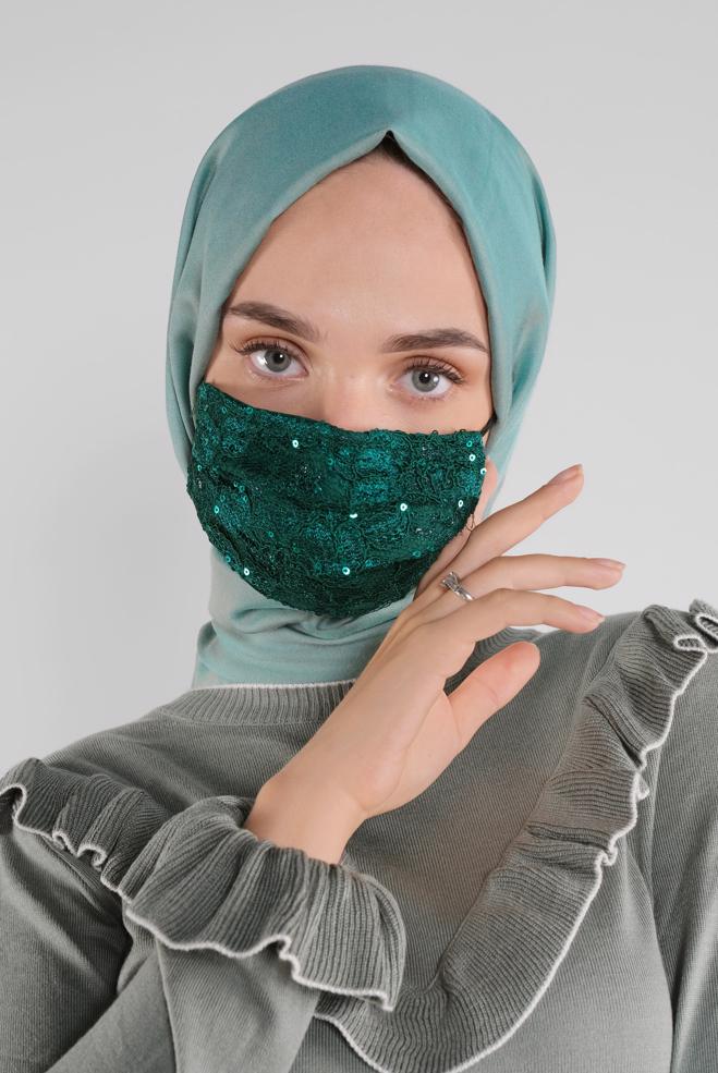 Hijab clothing GREEN LACY SEQUINED MASK 8003  - ALVİNA