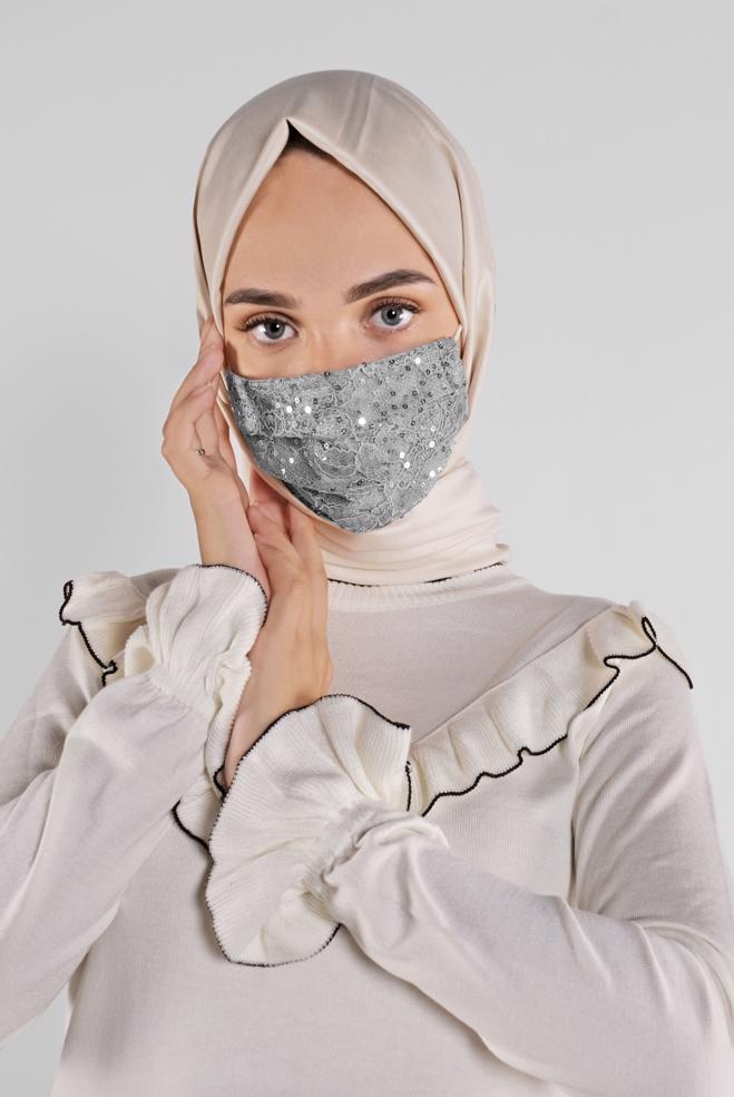 Hijab clothing GREY LACY SEQUINED MASK 8003  - ALVİNA