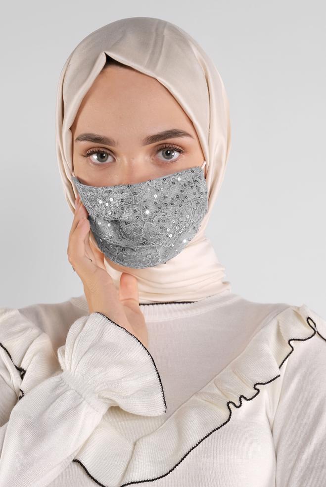 Hijab clothing GREY LACY SEQUINED MASK 8003  - ALVİNA