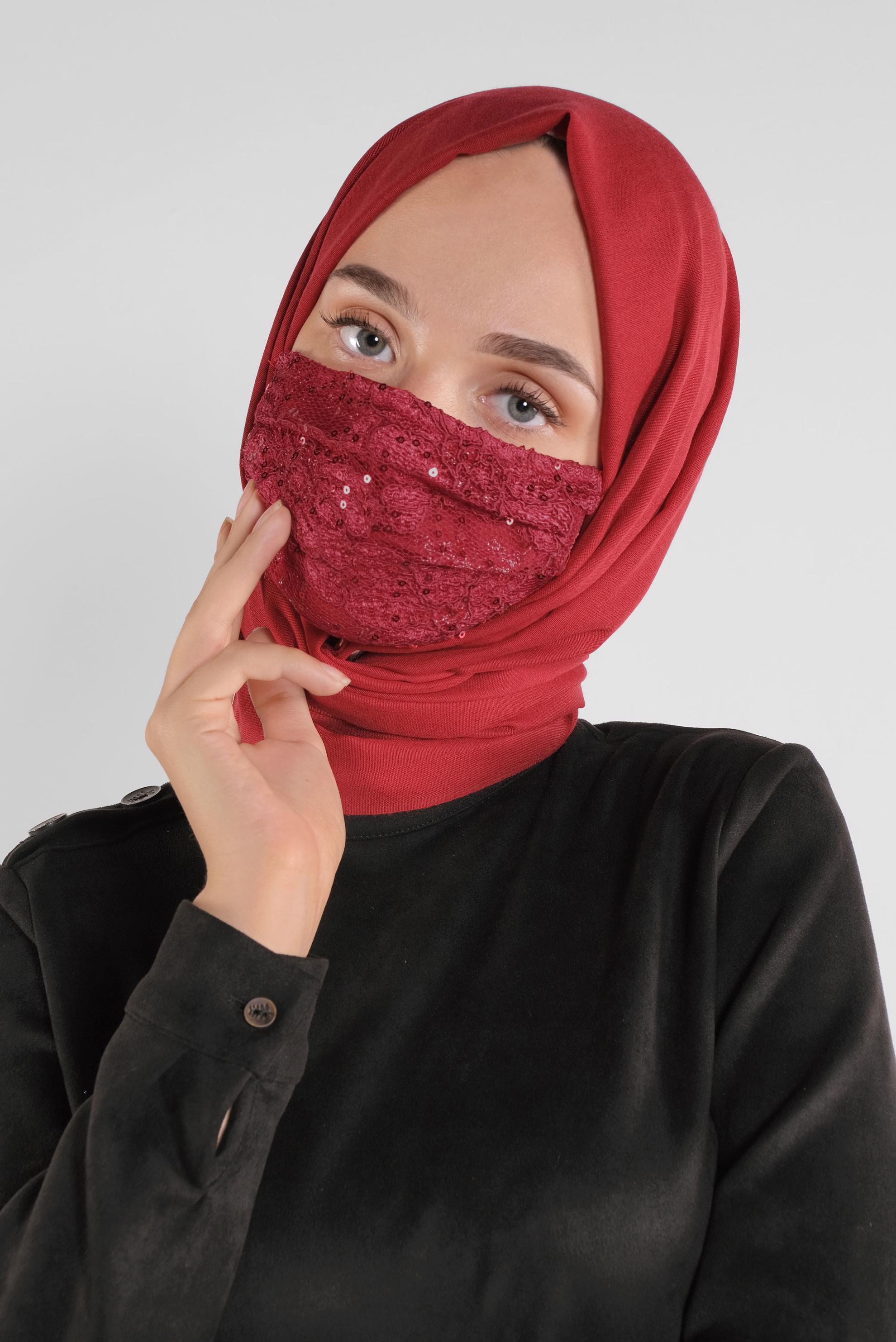 Hijab clothing CLARET RED LACY SEQUINED MASK 8003 