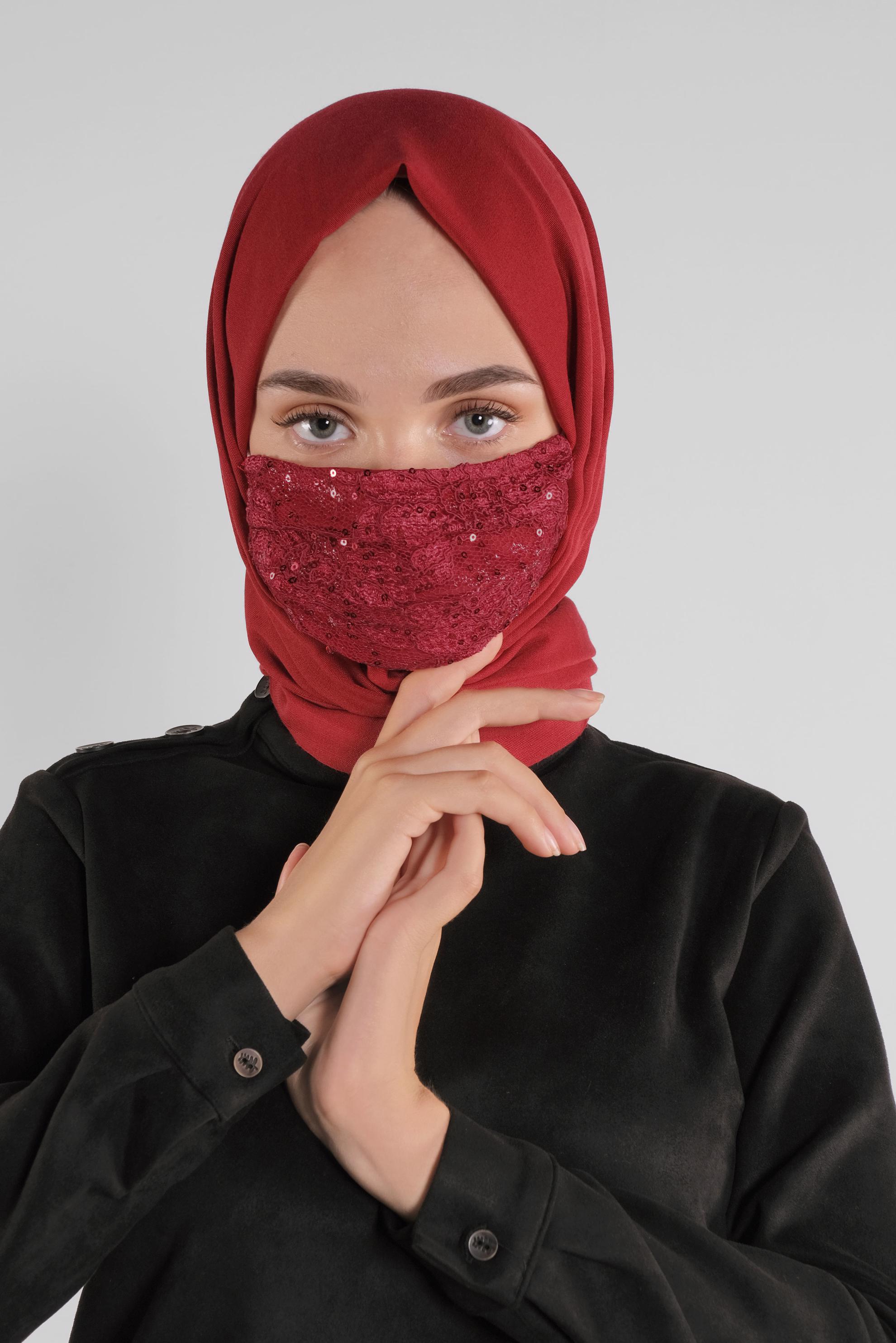 Hijab clothing CLARET RED LACY SEQUINED MASK 8003 