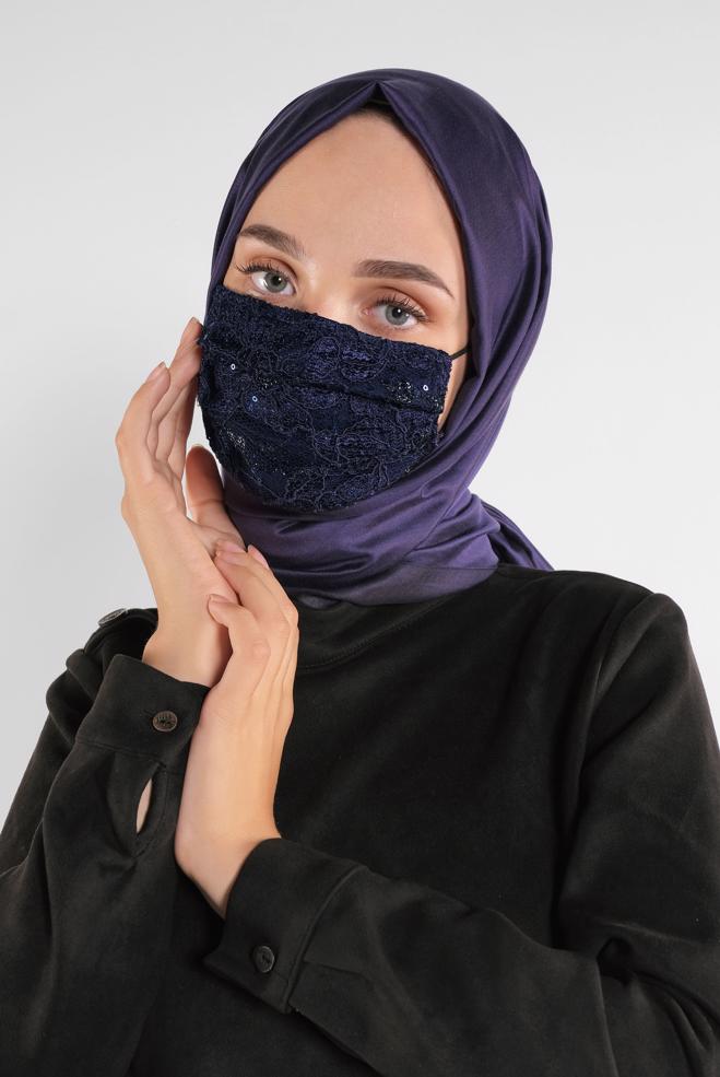 Hijab clothing NAVY BLUE LACY SEQUINED MASK 8003  - ALVİNA