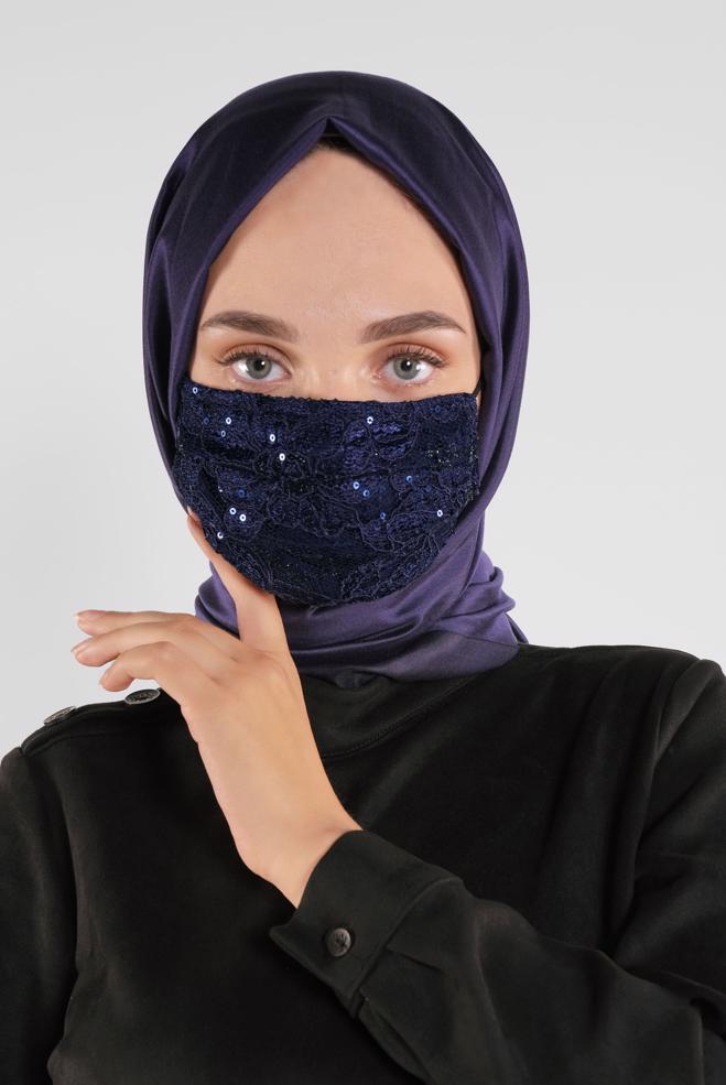 Hijab clothing NAVY BLUE LACY SEQUINED MASK 8003  - ALVİNA
