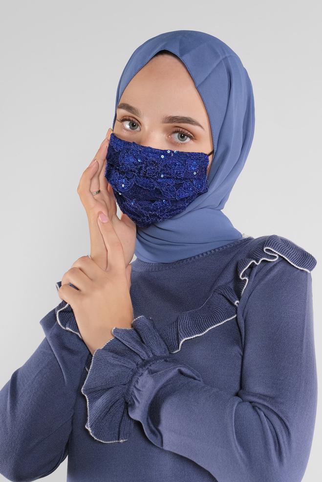 Hijab clothing NAVY BLUE LACY SEQUINED MASK 8003  - ALVİNA