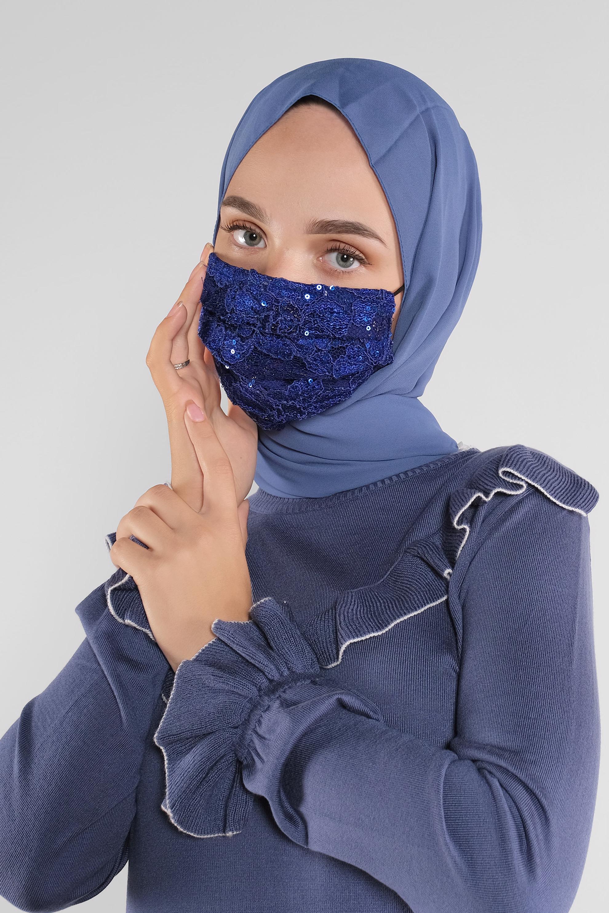 Vêtements hijab BLEU MARINE MASQUE EN DENTELLE À SEQUINS 8003 