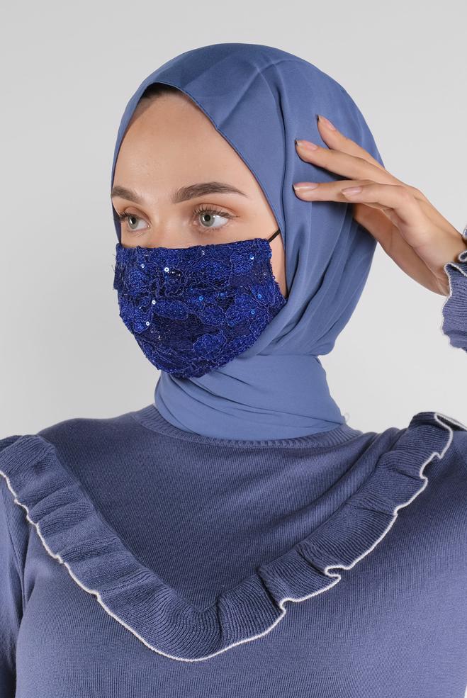 Hijab clothing NAVY BLUE LACY SEQUINED MASK 8003  - ALVİNA