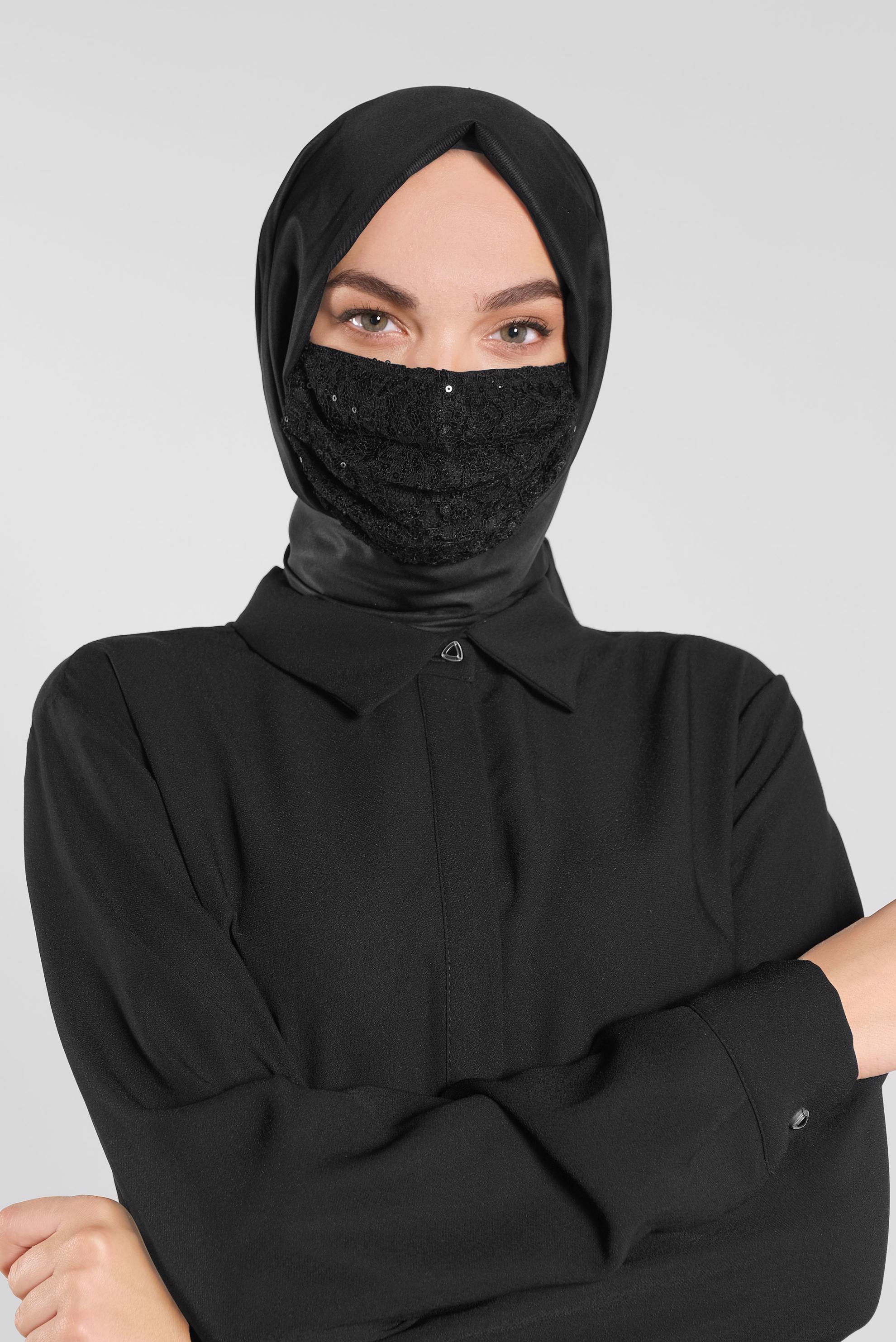 Tesettür giyim SİYAH PULLU MASKE 8004 