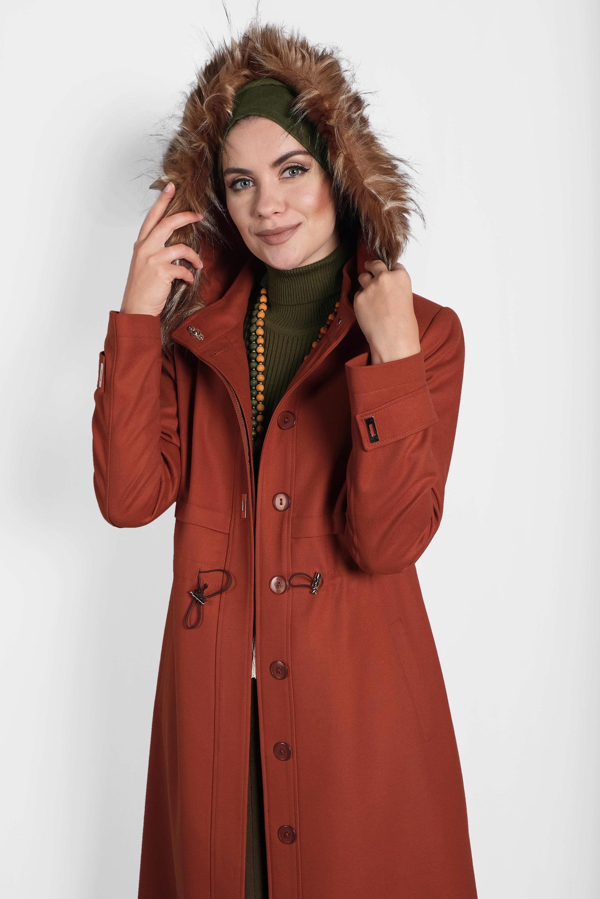 Tesettür giyim TURUNCU DÜĞMELİ KAPÜŞONLU MANTO 90027 