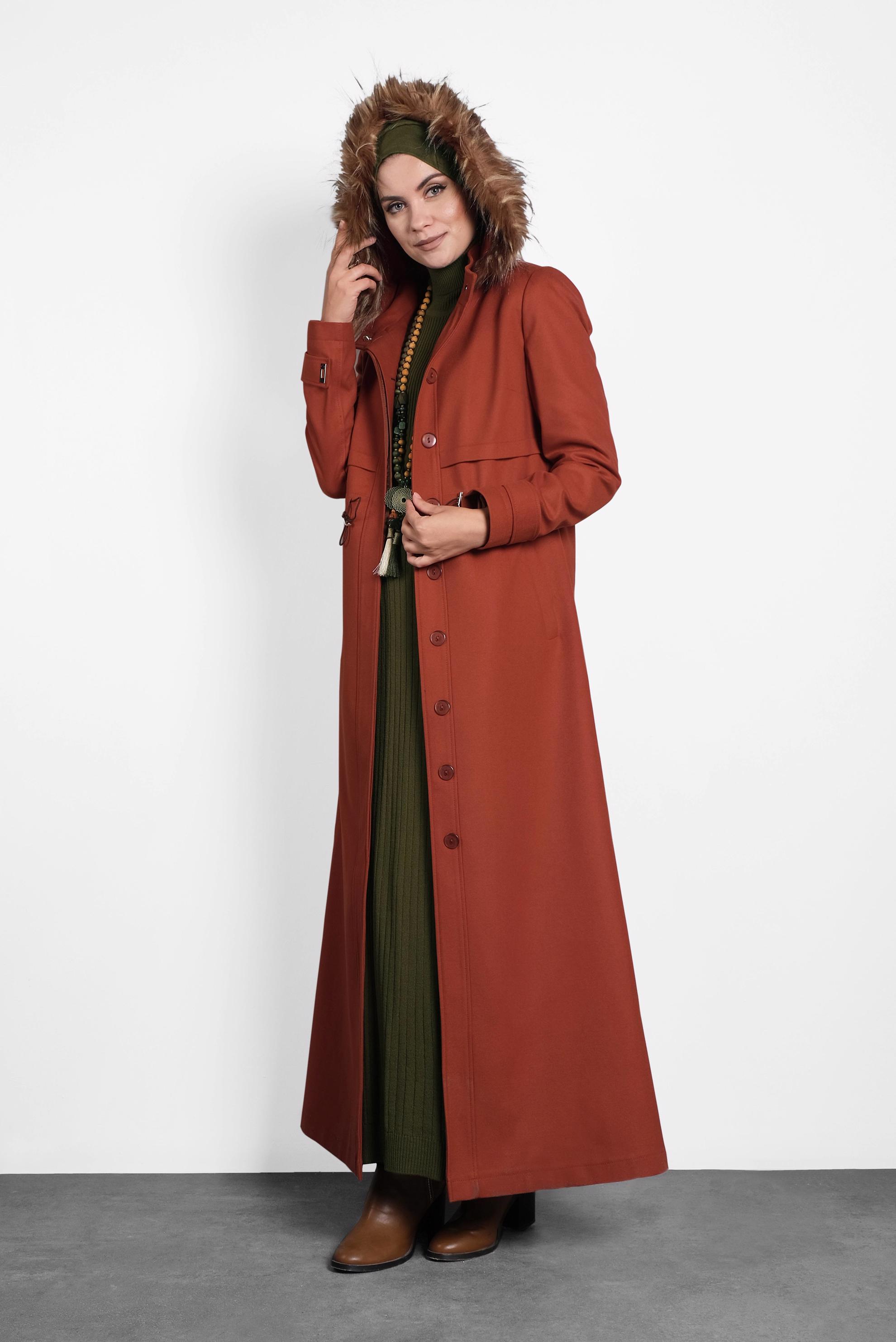 Tesettür giyim TURUNCU DÜĞMELİ KAPÜŞONLU MANTO 90027 