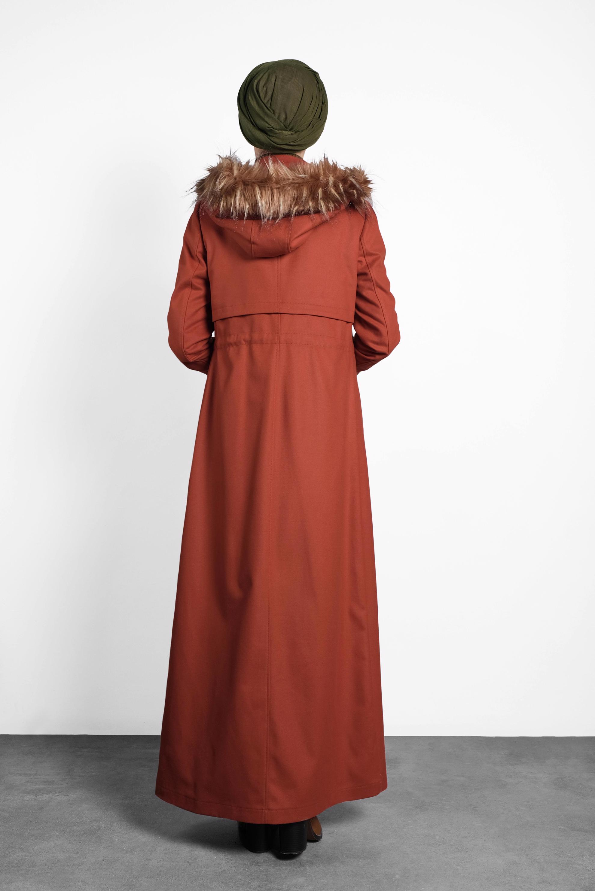 Tesettür giyim TURUNCU DÜĞMELİ KAPÜŞONLU MANTO 90027 