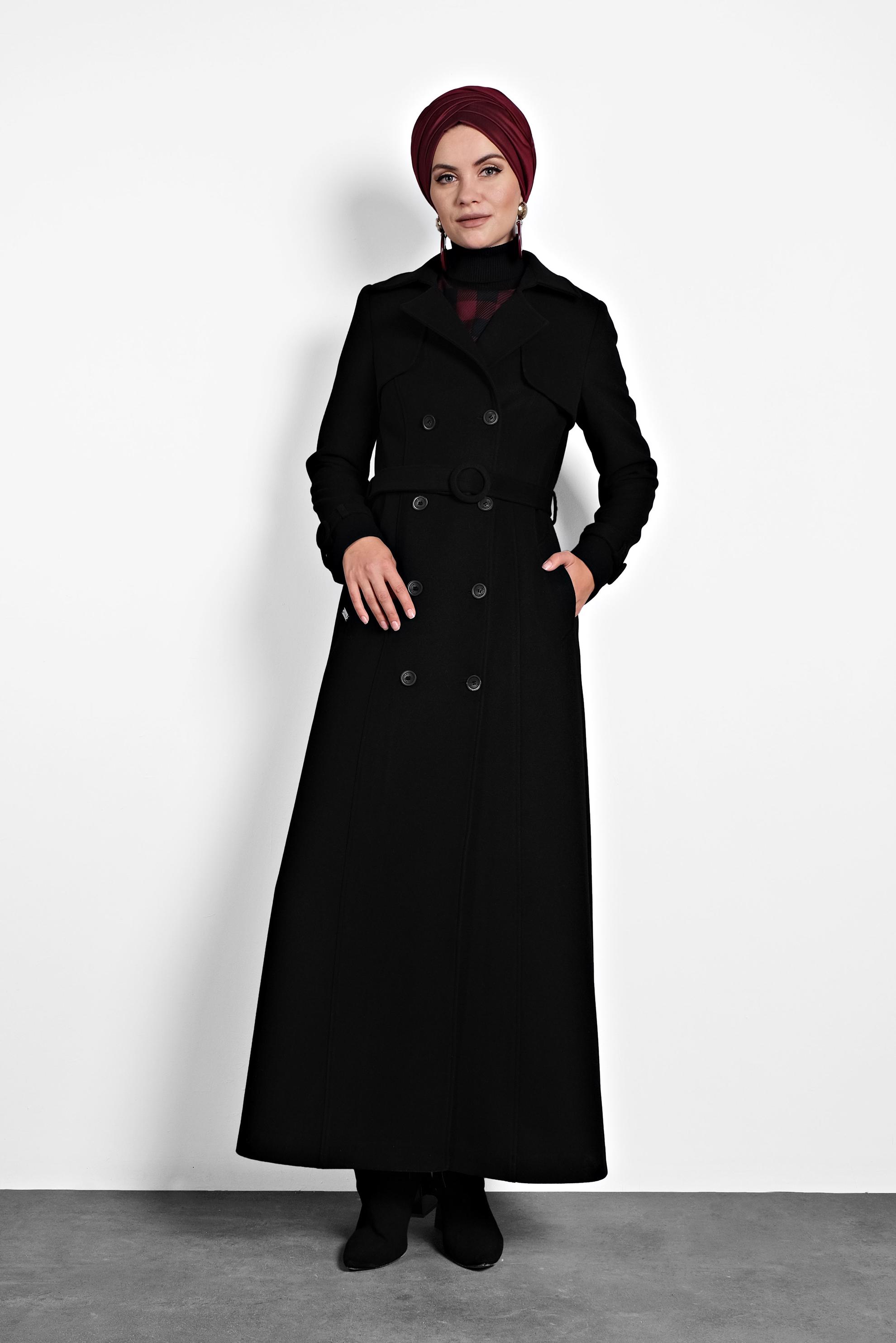 Tesettür giyim SİYAH KEMERLİ MANTO 90029 