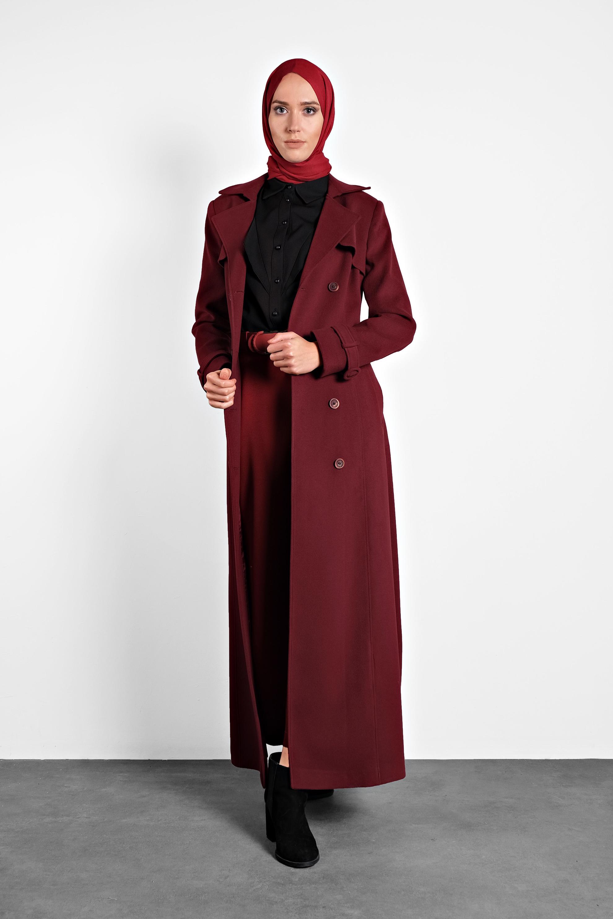 Tesettür giyim BORDO KEMERLİ MANTO 90029 