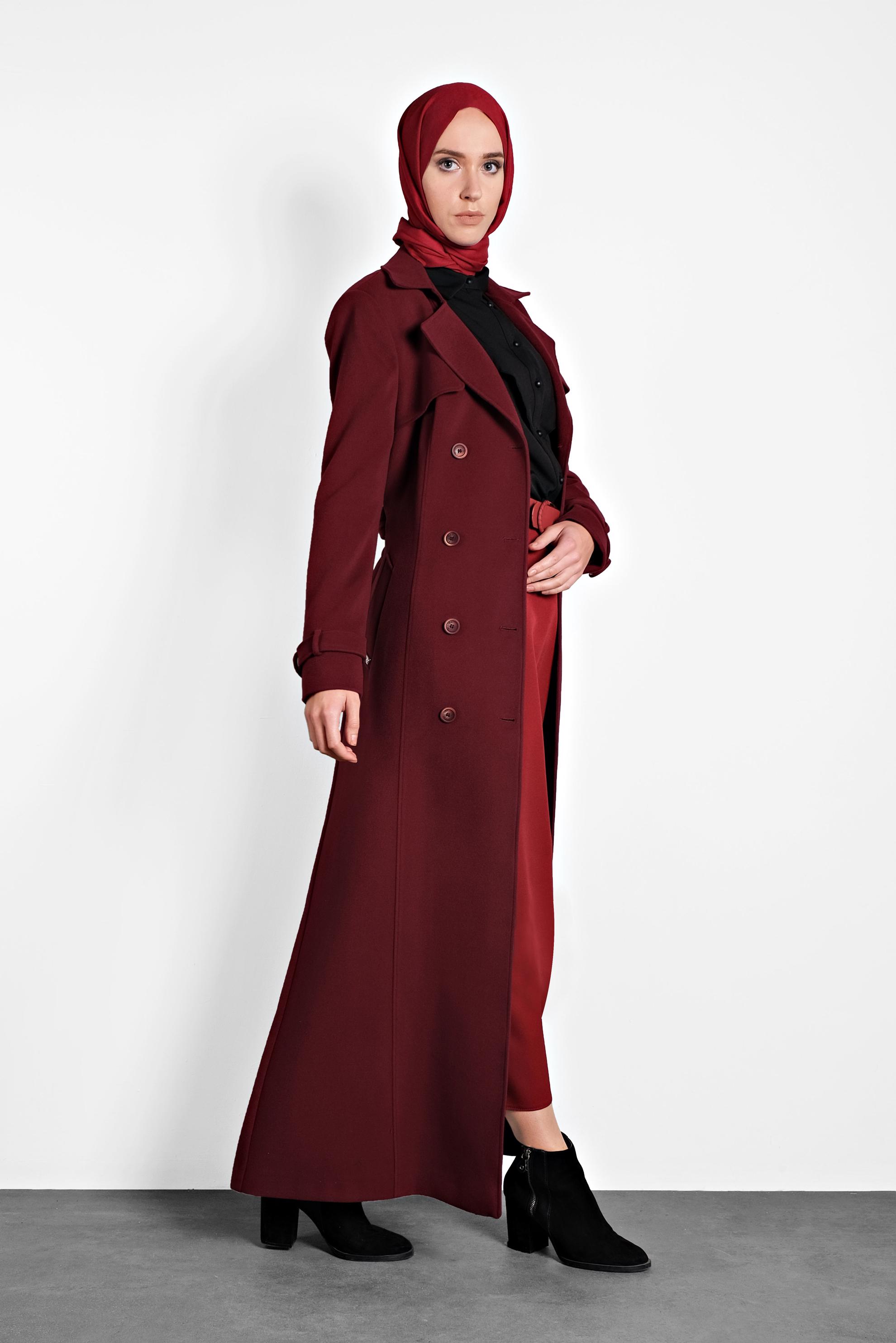 Tesettür giyim BORDO KEMERLİ MANTO 90029 