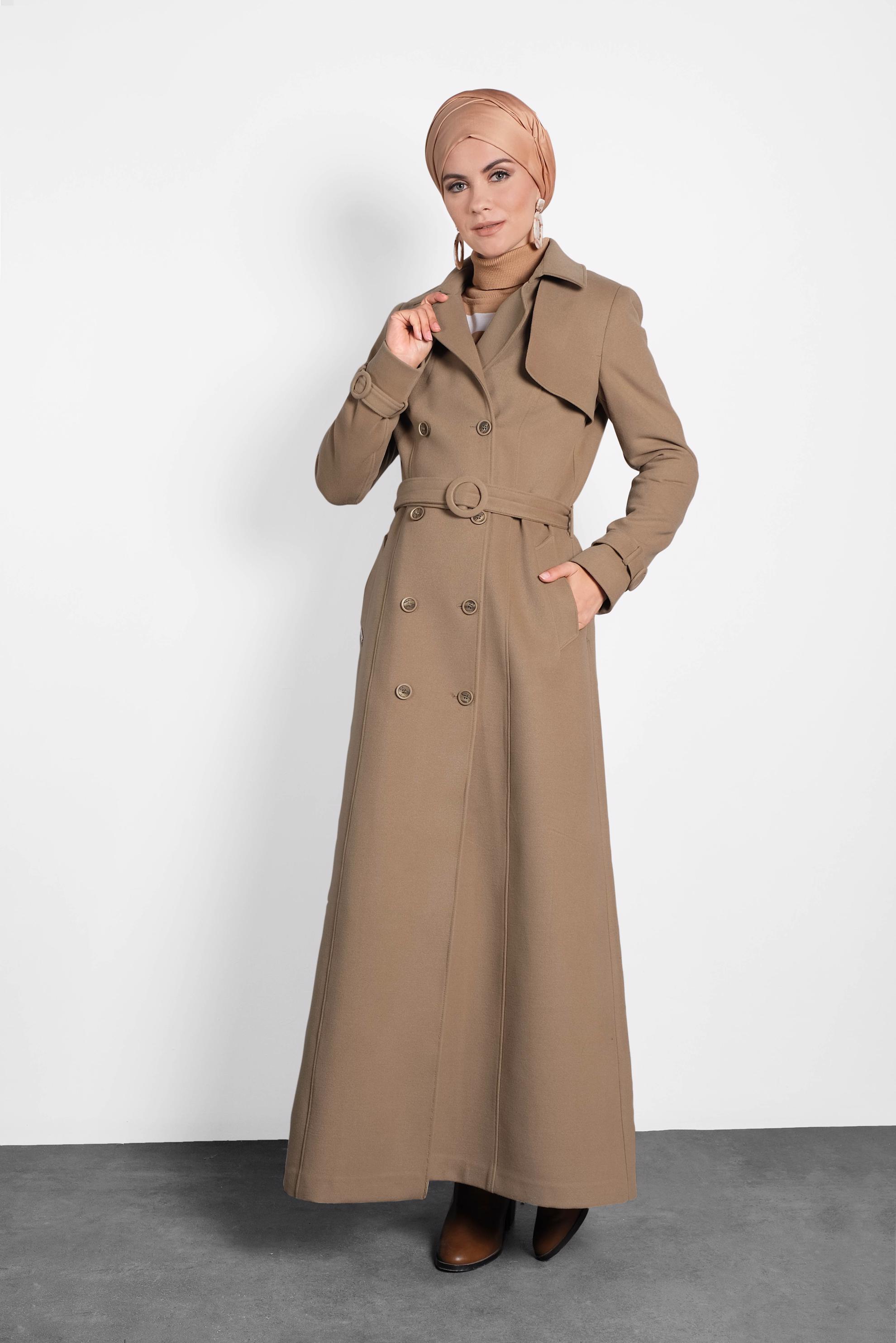 Tesettür giyim KAHVE KEMERLİ MANTO 90029 