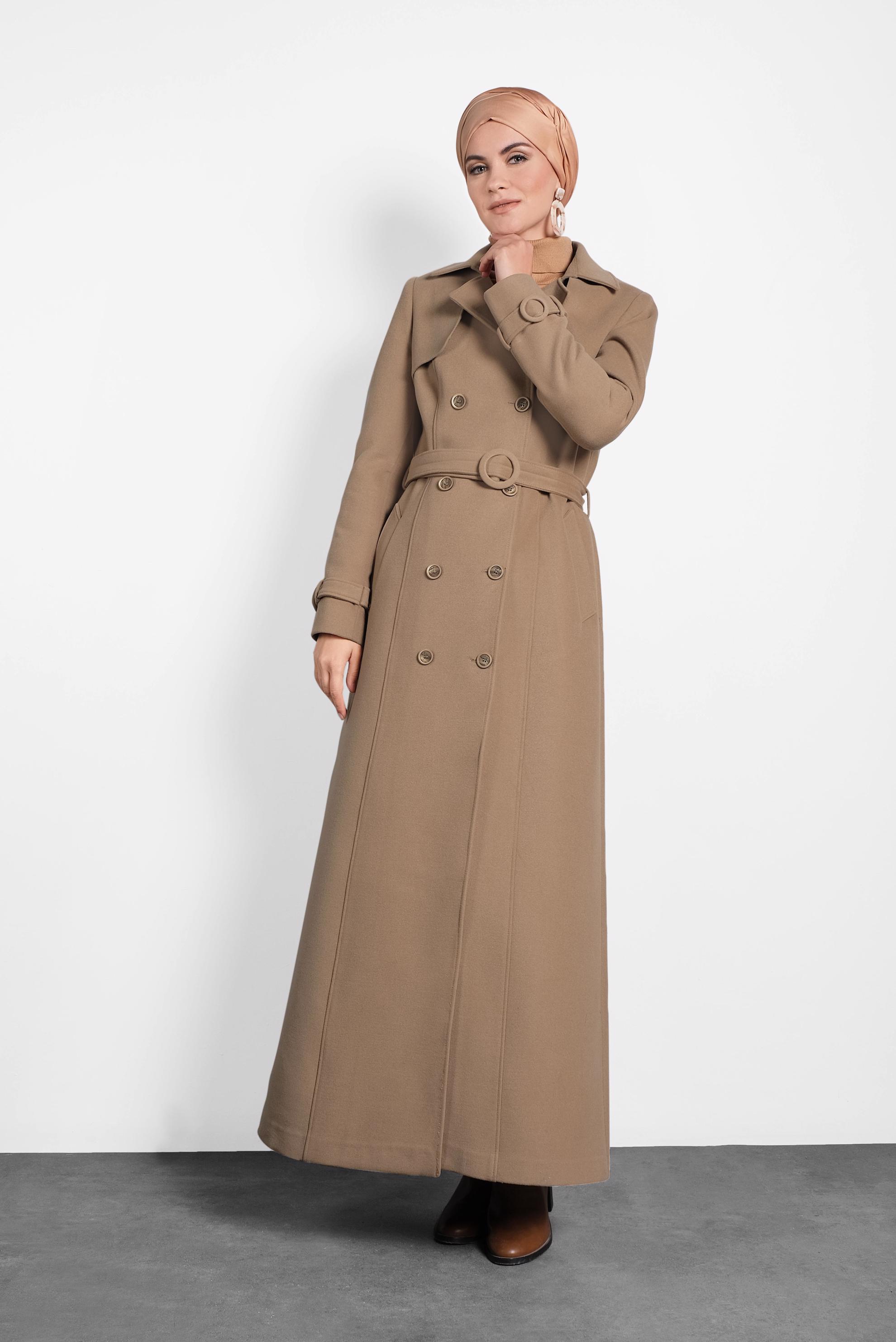 Tesettür giyim KAHVE KEMERLİ MANTO 90029 