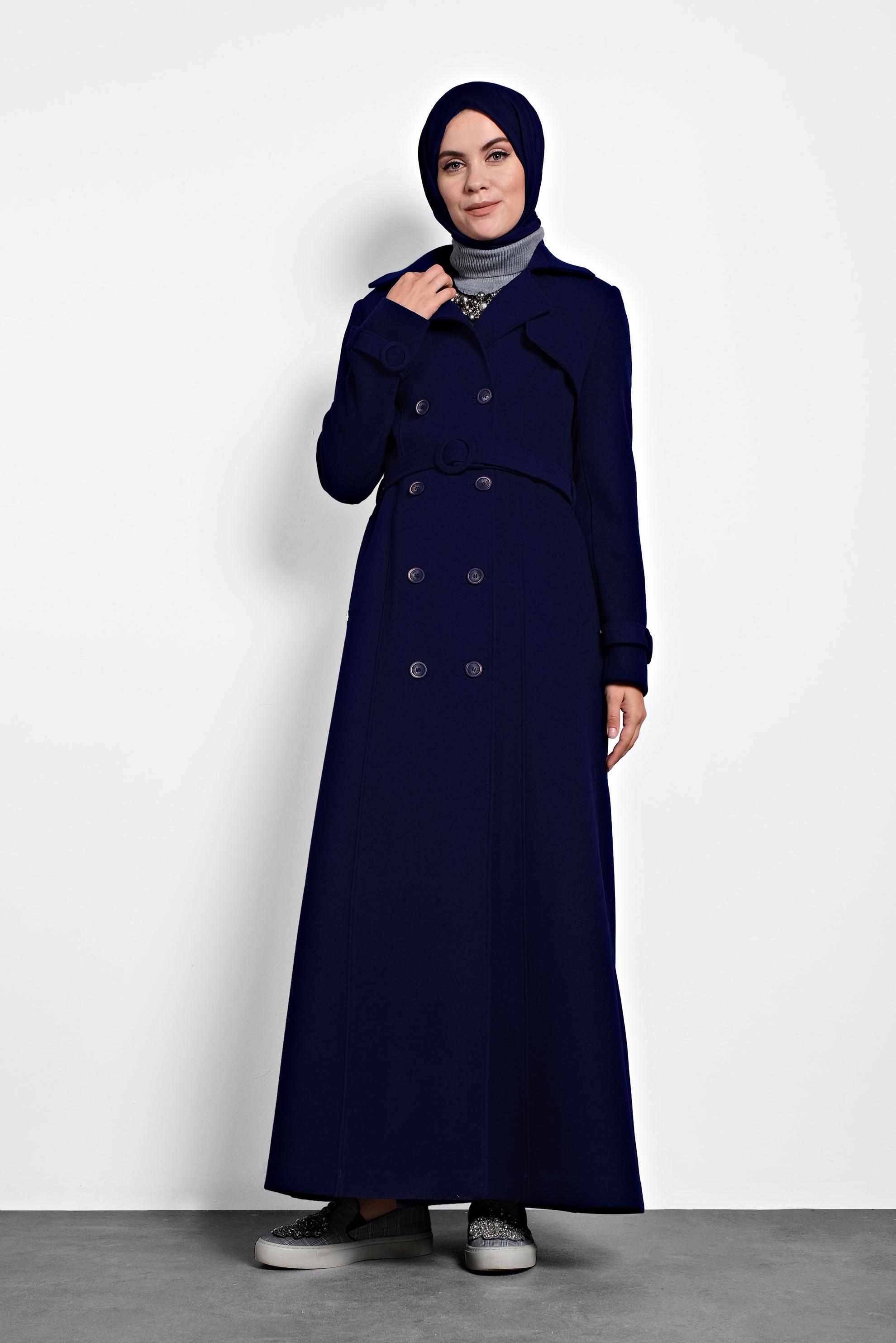 Tesettür giyim LACİVERT KEMERLİ MANTO 90029 