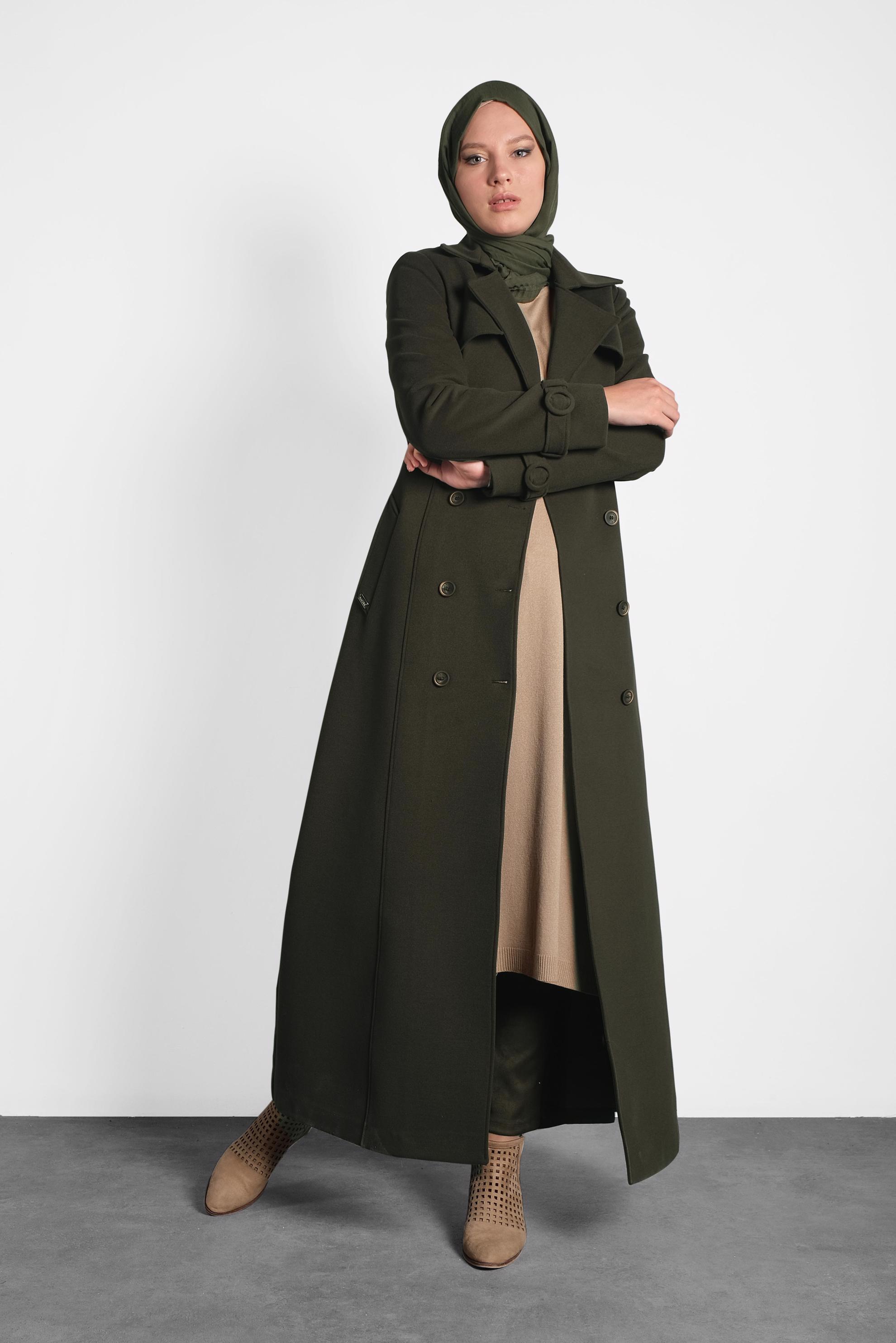 Tesettür giyim HAKİ KEMERLİ MANTO 90029 