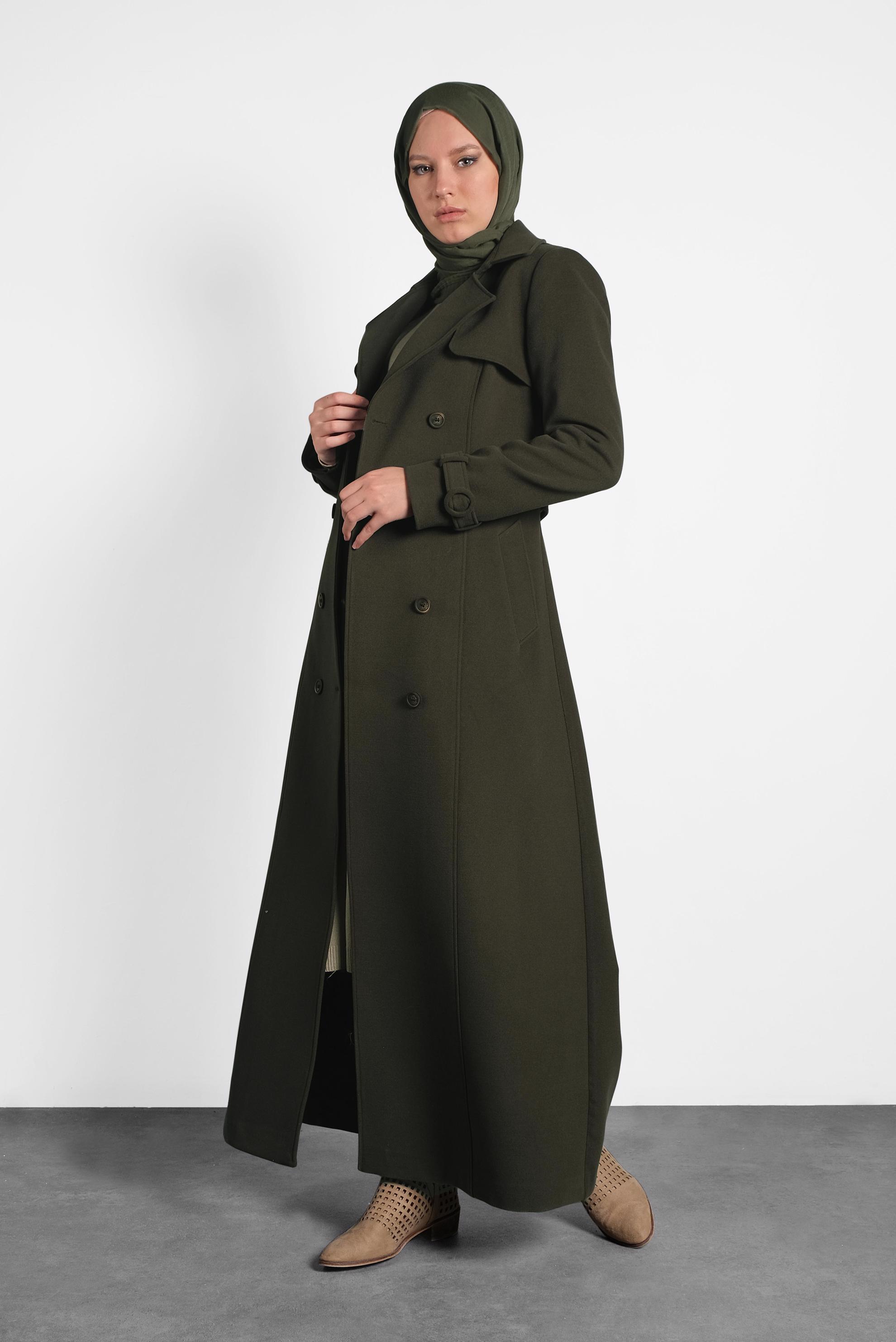 Tesettür giyim HAKİ KEMERLİ MANTO 90029 