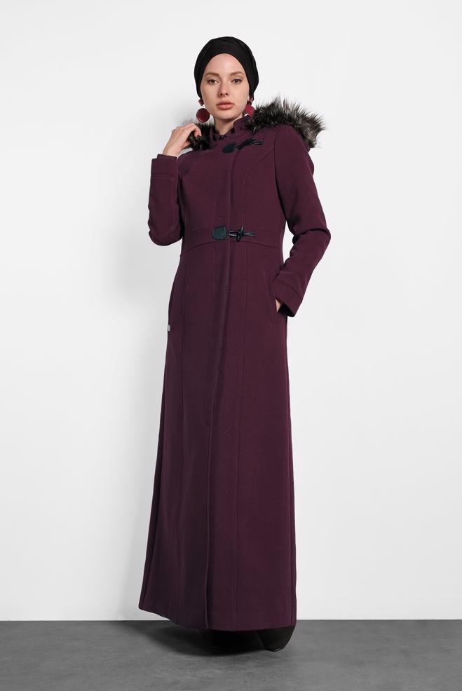 Vêtements hijab PRUNE MANTEAU À BOUTONNÉ AVEC CAPUCHE 90030 - ALVİNA