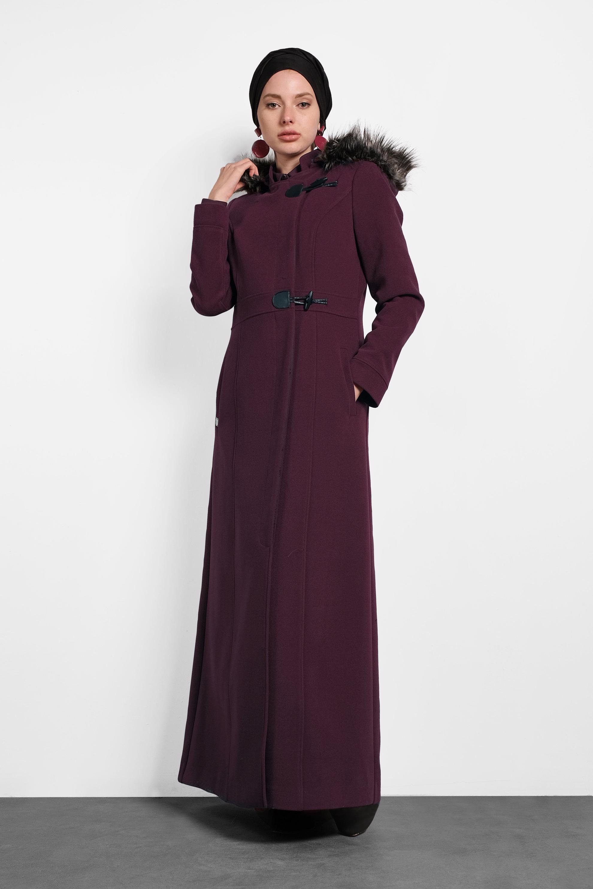 Vêtements hijab PRUNE MANTEAU À BOUTONNÉ AVEC CAPUCHE 90030