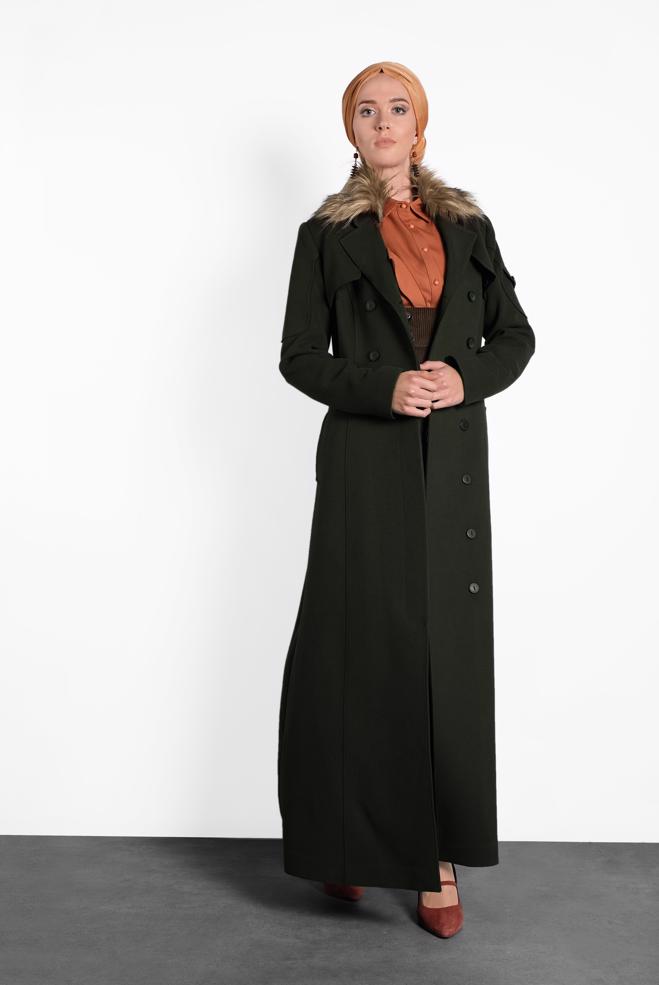 Vêtements hijab KAKI MANTEAU À BOUTONNÉ À COL FOURRURE 90037  - ALVİNA