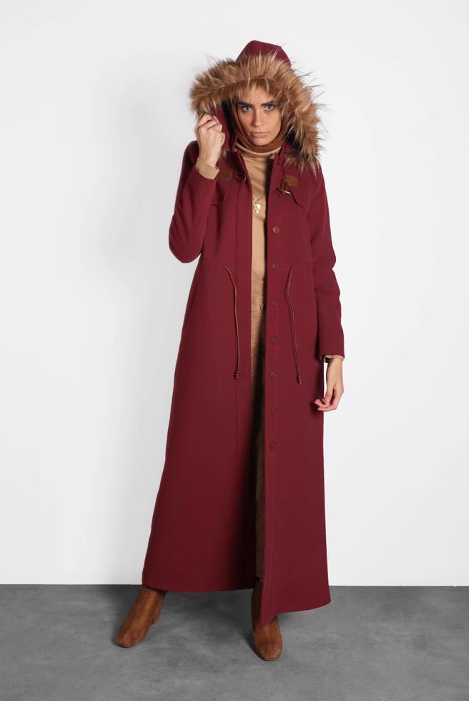 Vêtements hijab ROUGE MANTEAU TAILLE À SMOCKS AVEC CAPUCHE  90038  - ALVİNA