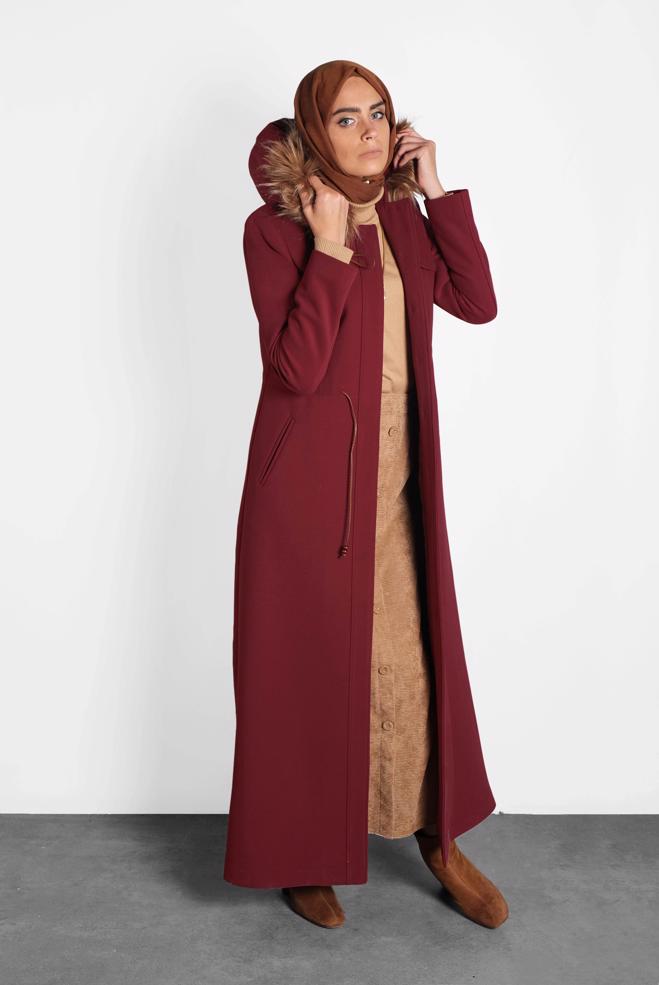 Vêtements hijab ROUGE MANTEAU TAILLE À SMOCKS AVEC CAPUCHE  90038  - ALVİNA