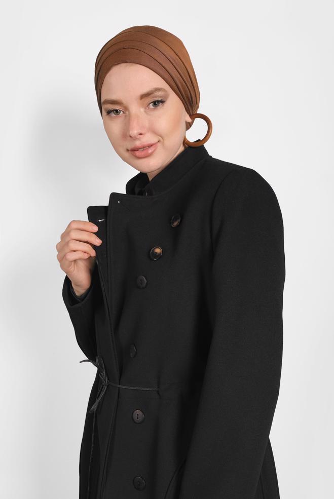 Vêtements hijab NOIR MANTEAU À COL MAO À BOUTONNÉ 90039 - ALVİNA