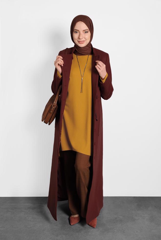 Vêtements hijab ROUGE BORDEAUX MANTEAU À COL MAO À BOUTONNÉ 90039 - ALVİNA