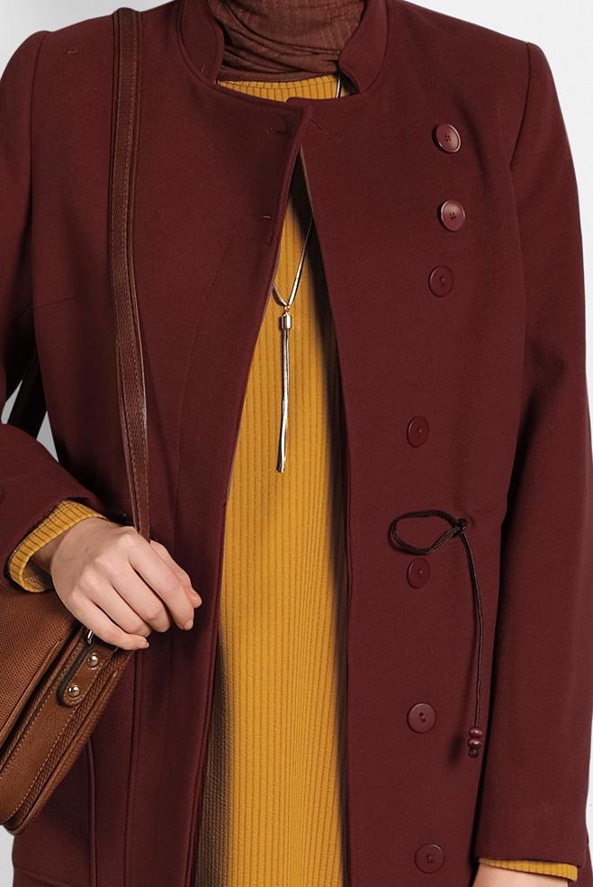 Vêtements hijab ROUGE BORDEAUX MANTEAU À COL MAO À BOUTONNÉ 90039 - ALVİNA
