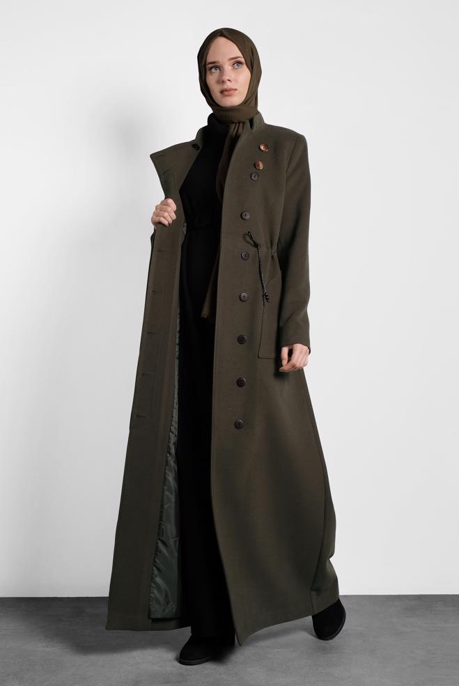 Vêtements hijab KAKI MANTEAU À COL MAO À BOUTONNÉ 90039 - ALVİNA