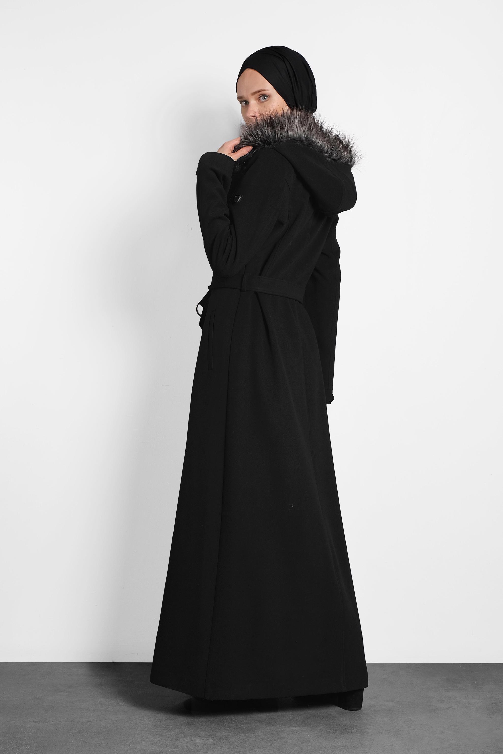 Tesettür giyim SİYAH KEMERLİ KAŞE MANTO 90040