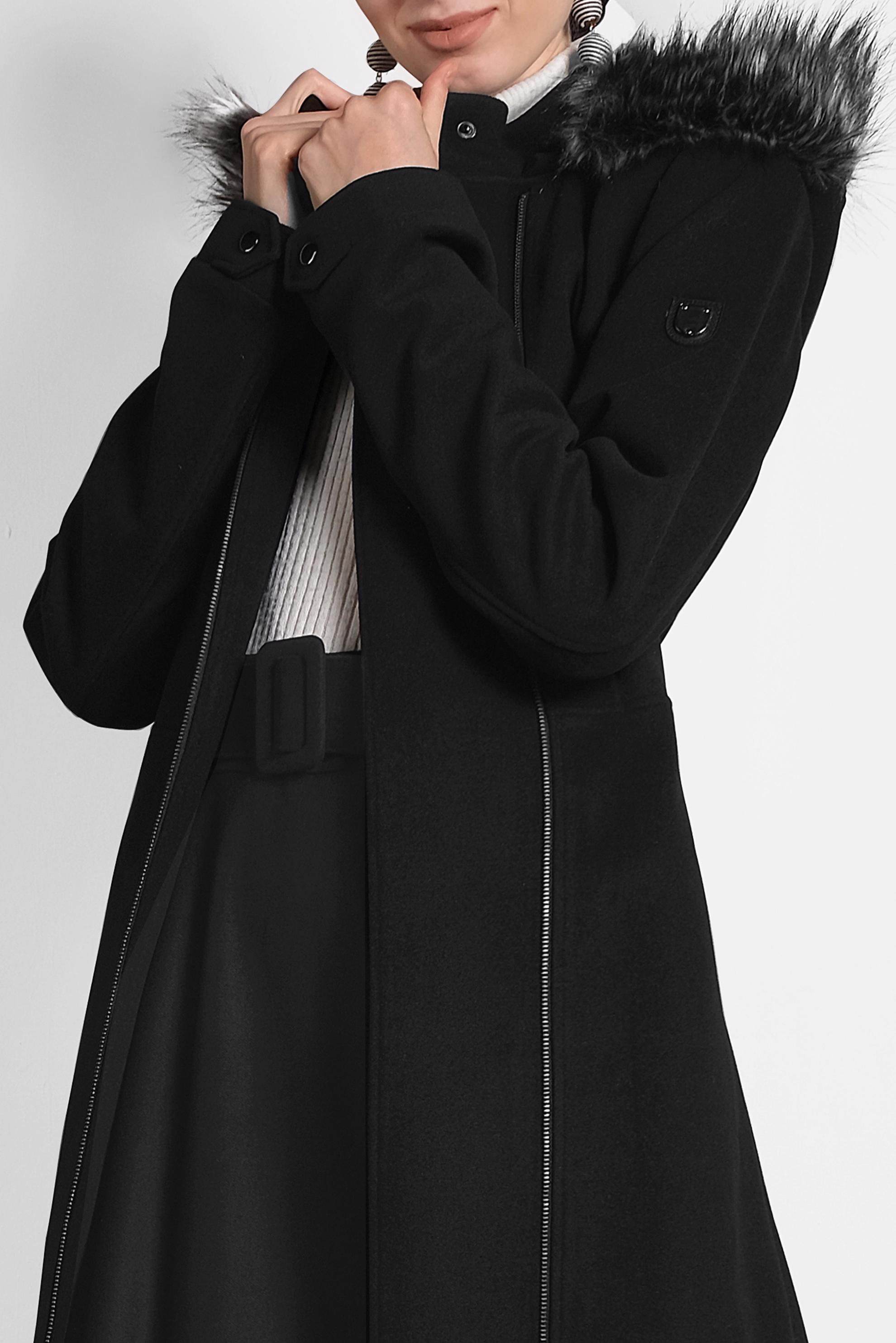 Tesettür giyim SİYAH KEMERLİ KAŞE MANTO 90040