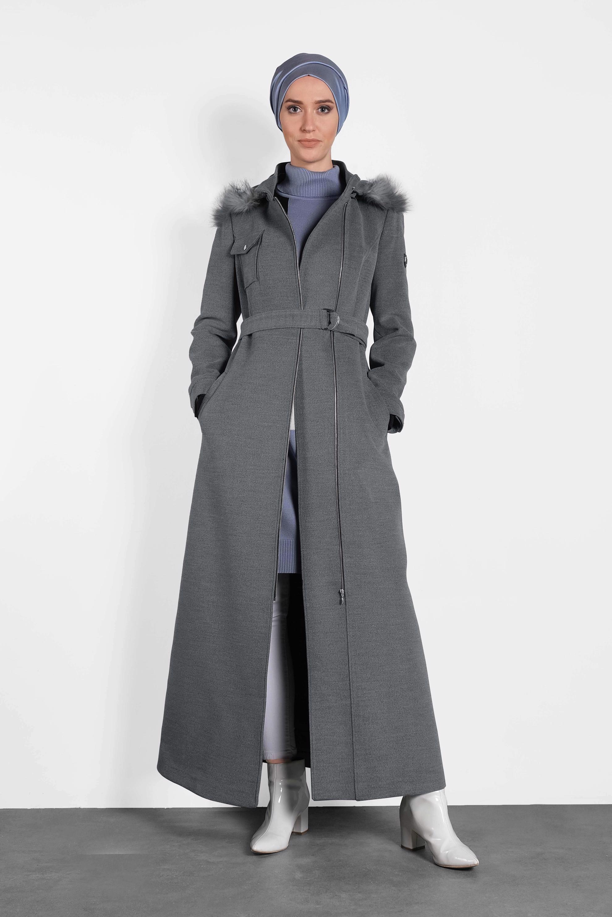 Tesettür giyim GRİ KEMERLİ KAŞE MANTO 90040