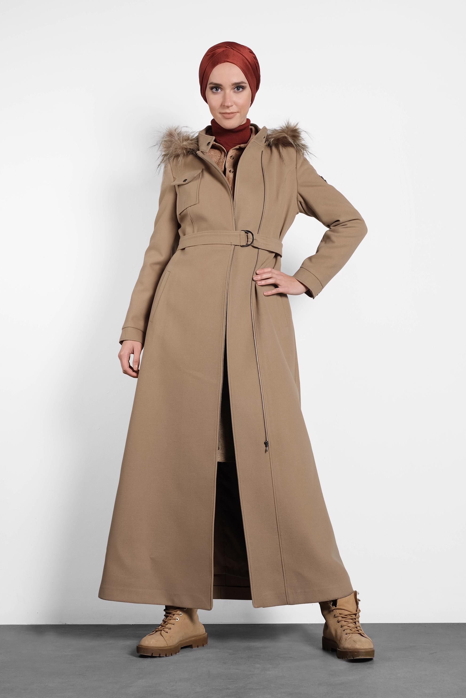 Tesettür giyim KAHVE KEMERLİ KAŞE MANTO 90040