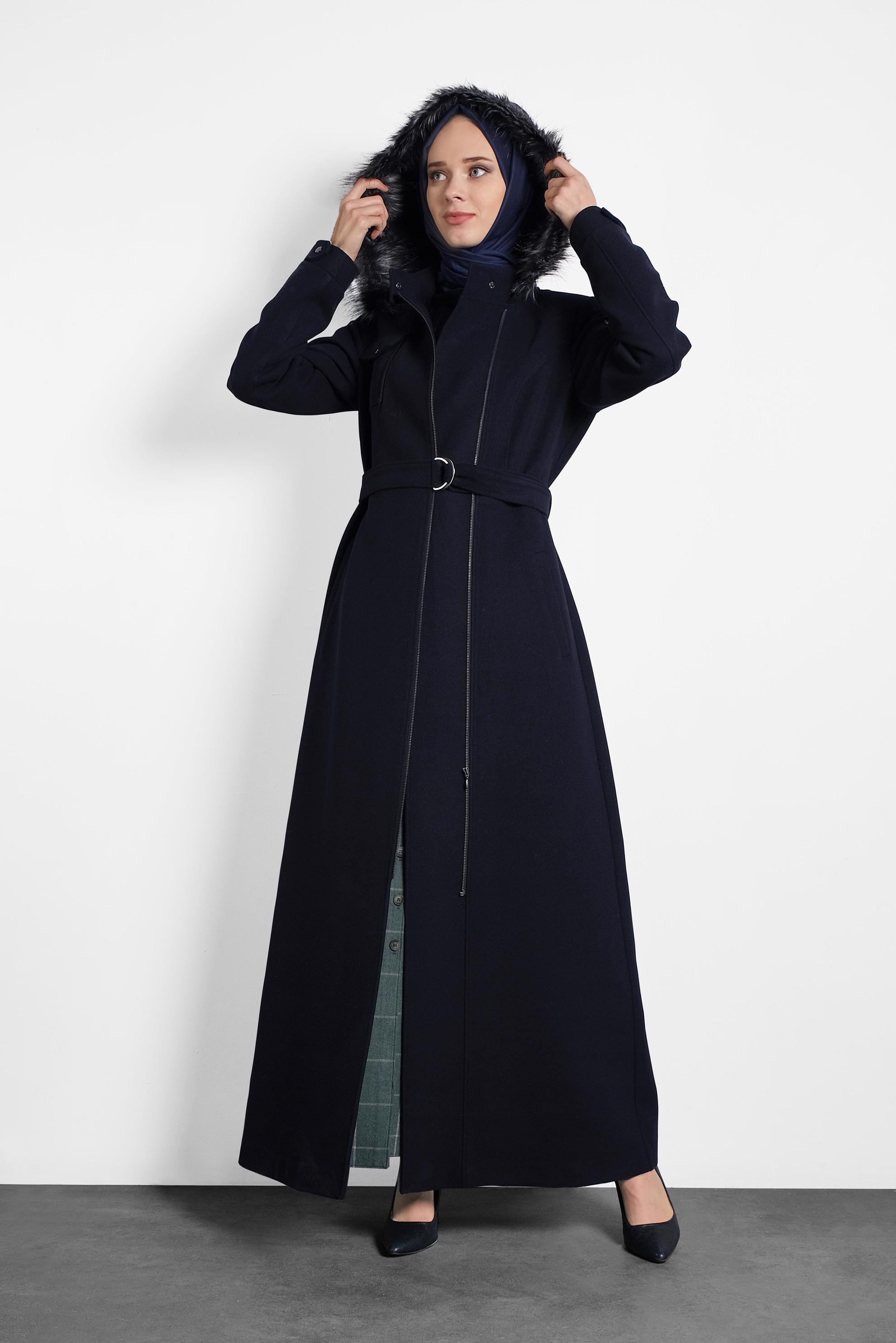 Tesettür giyim LACİVERT KEMERLİ KAŞE MANTO 90040