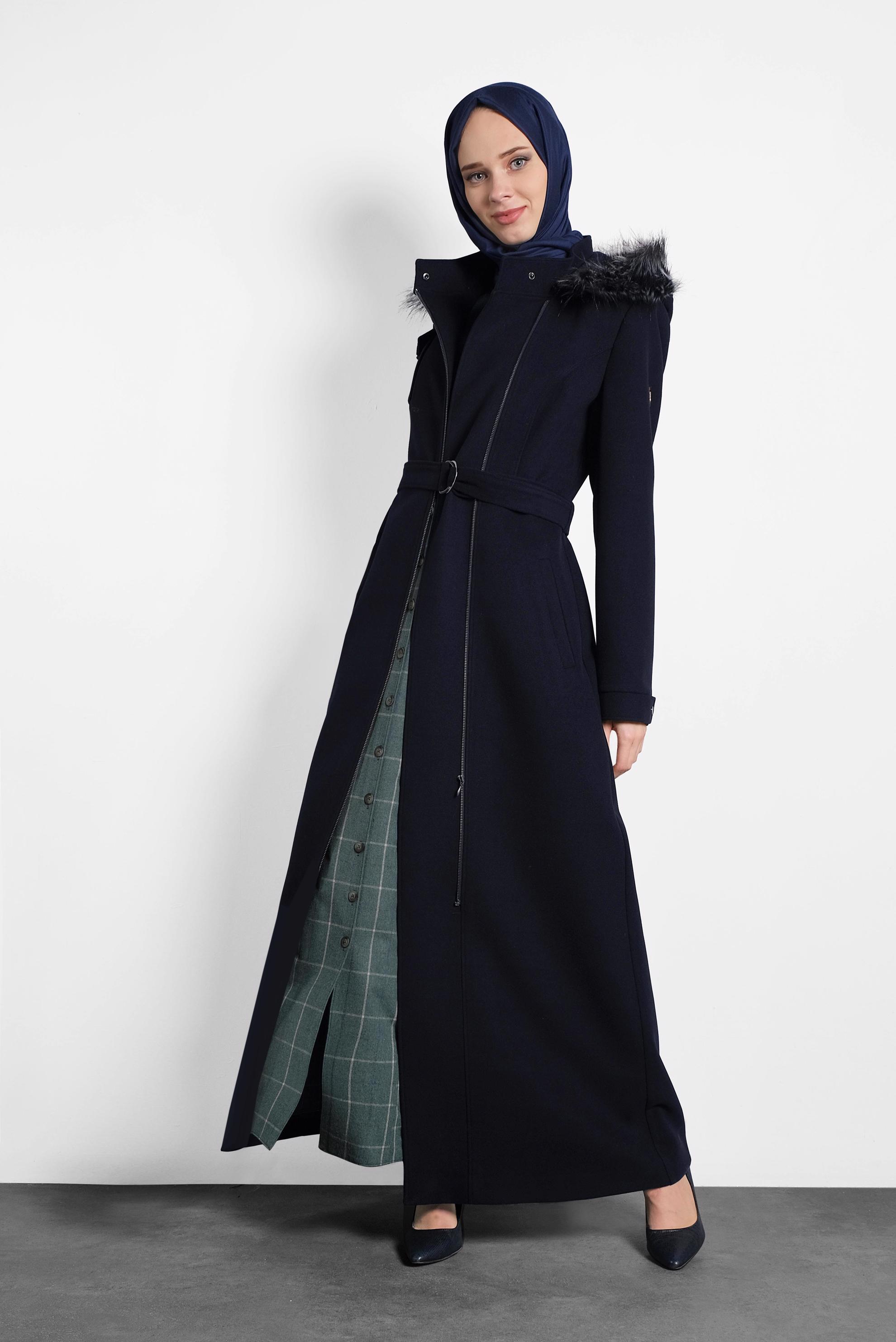 Tesettür giyim LACİVERT KEMERLİ KAŞE MANTO 90040