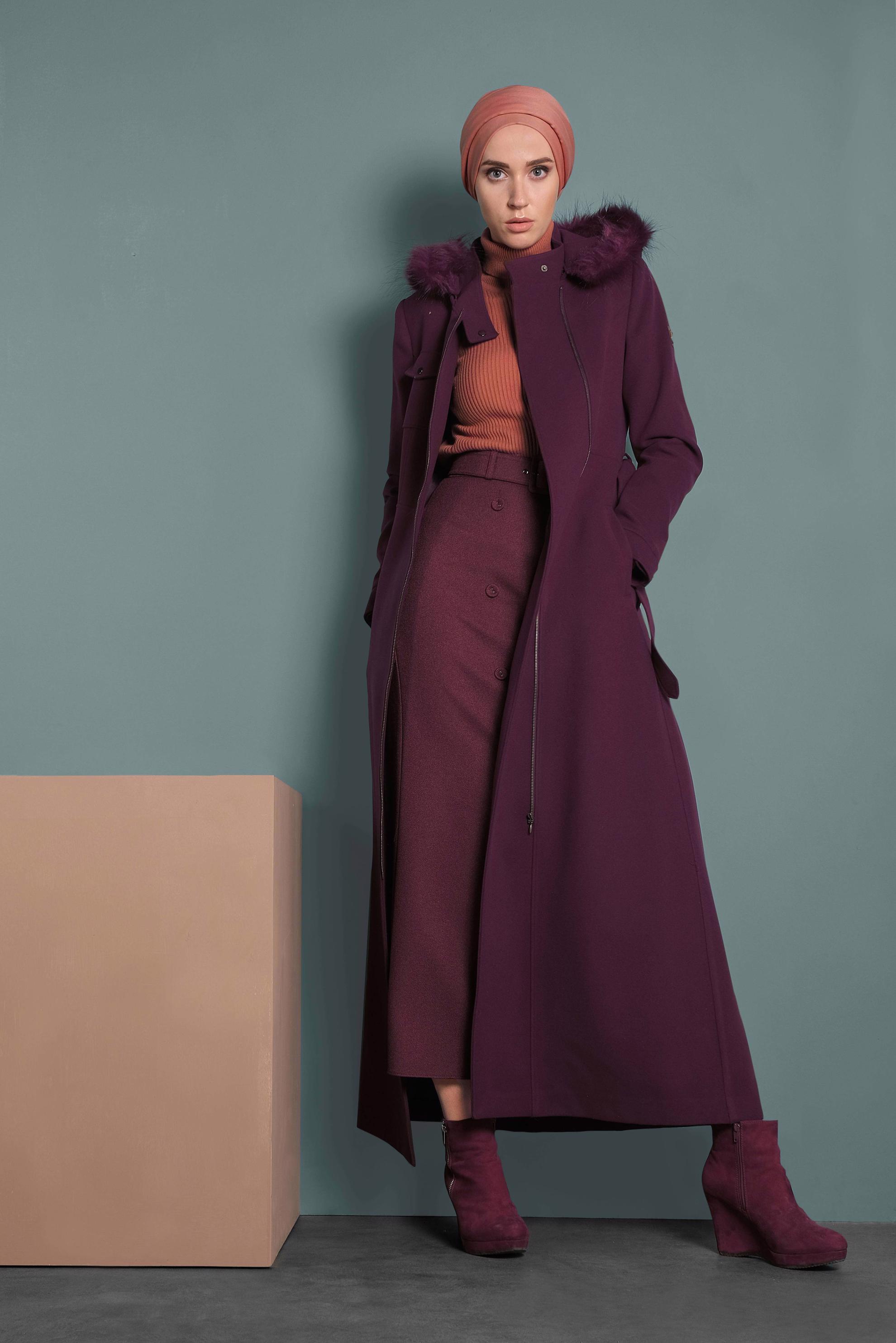 Tesettür giyim MÜRDÜM KEMERLİ KAŞE MANTO 90040