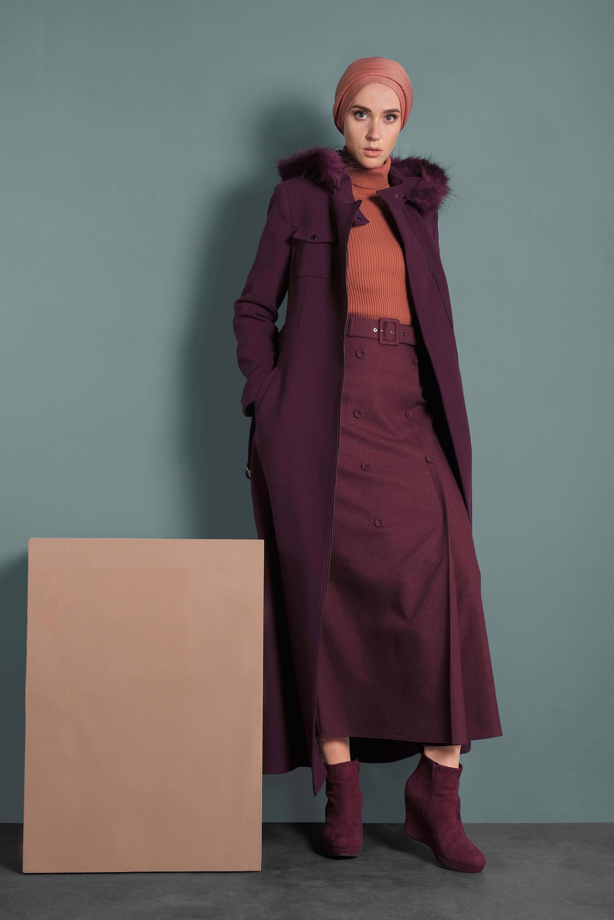 Tesettür giyim MÜRDÜM KEMERLİ KAŞE MANTO 90040