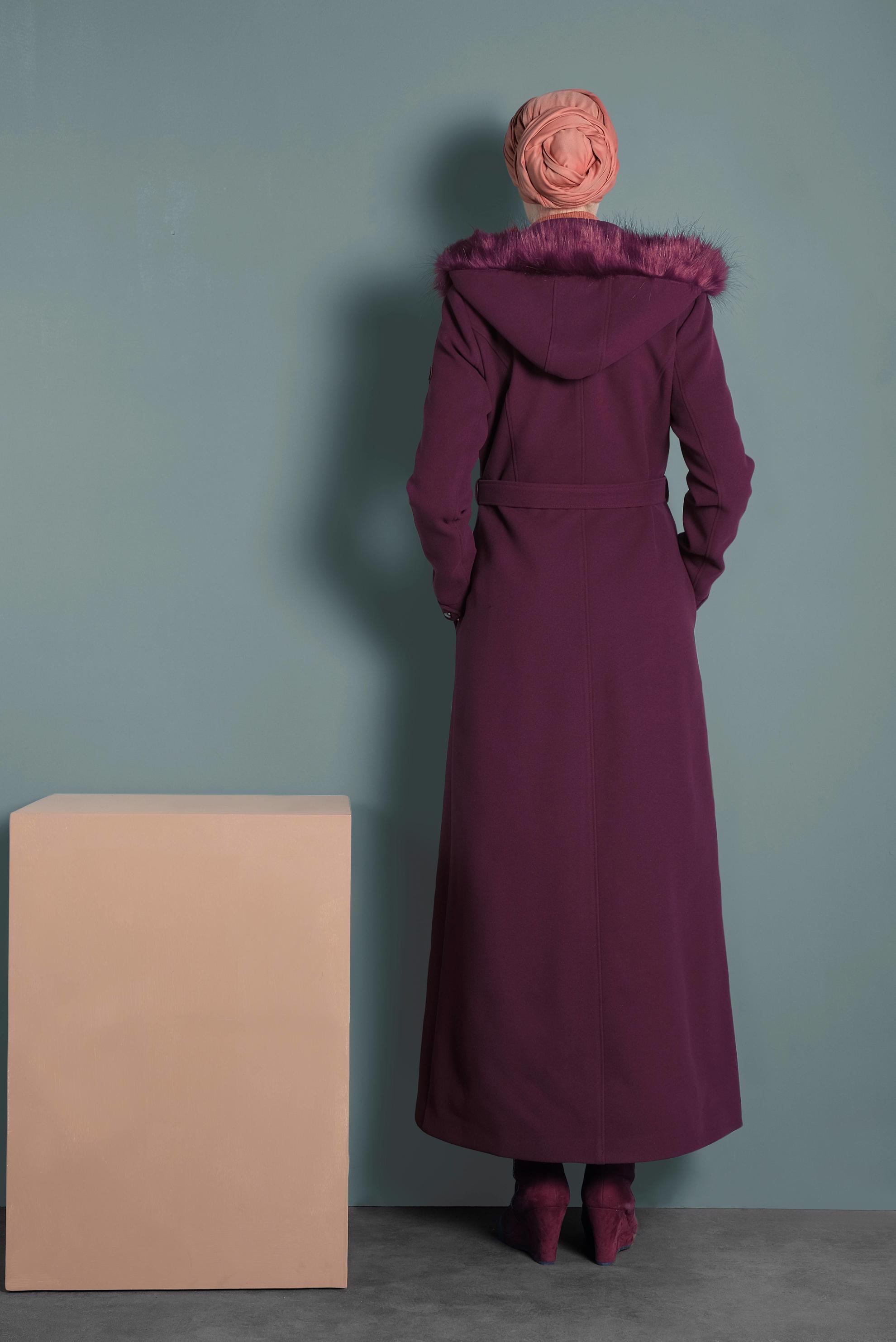 Tesettür giyim MÜRDÜM KEMERLİ KAŞE MANTO 90040