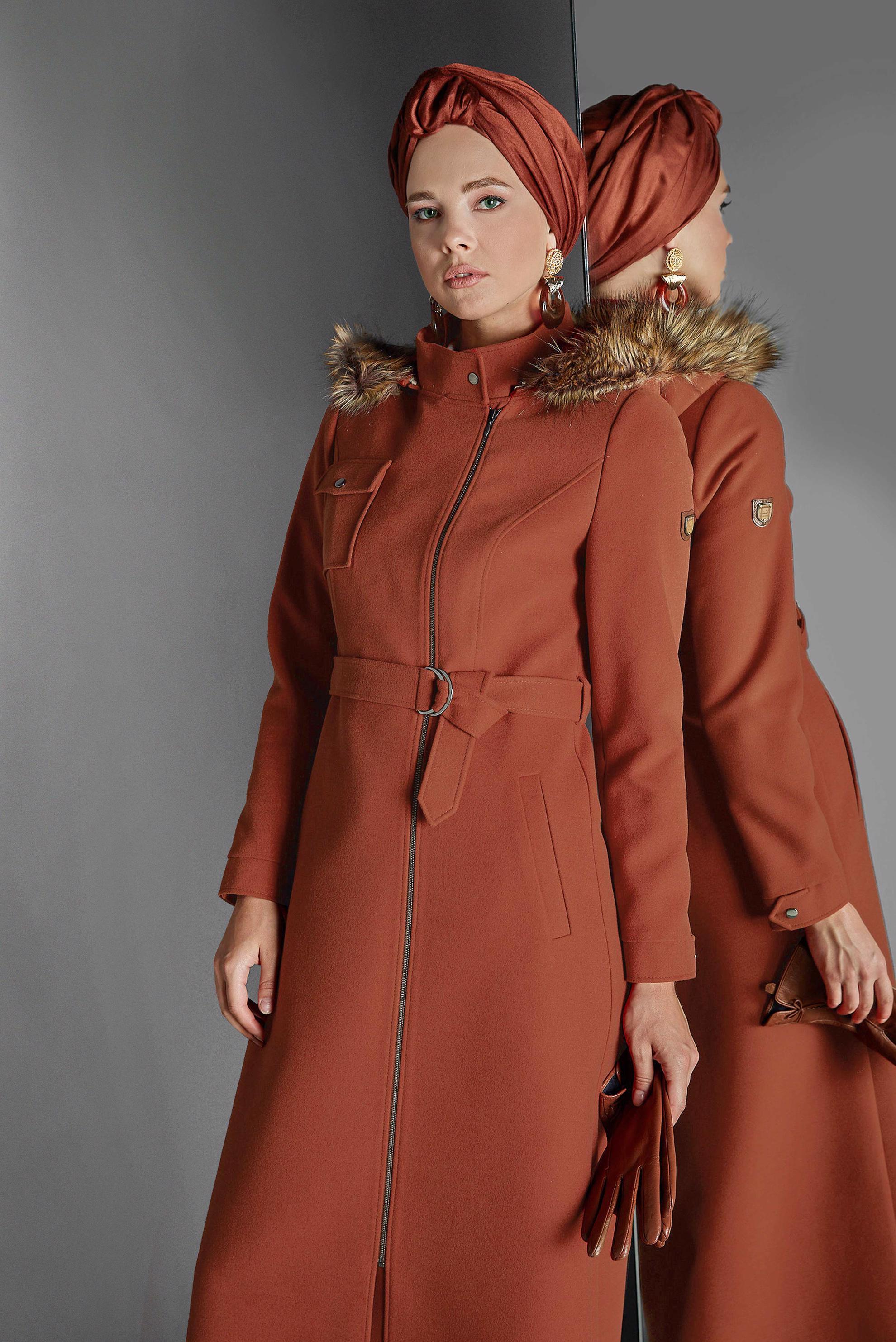 Tesettür giyim KAHVE KEMERLİ KAŞE MANTO 90040