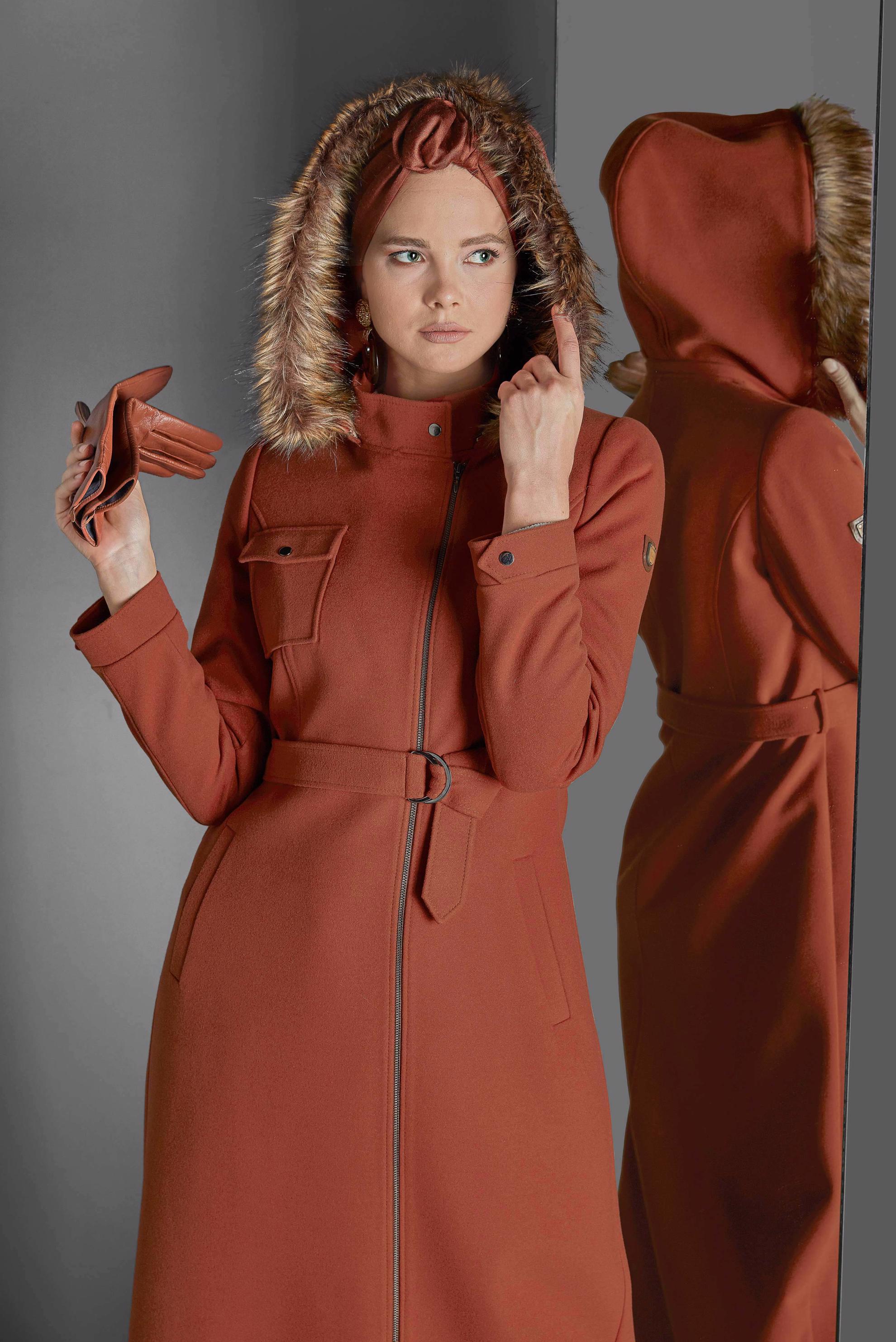 Tesettür giyim KAHVE KEMERLİ KAŞE MANTO 90040